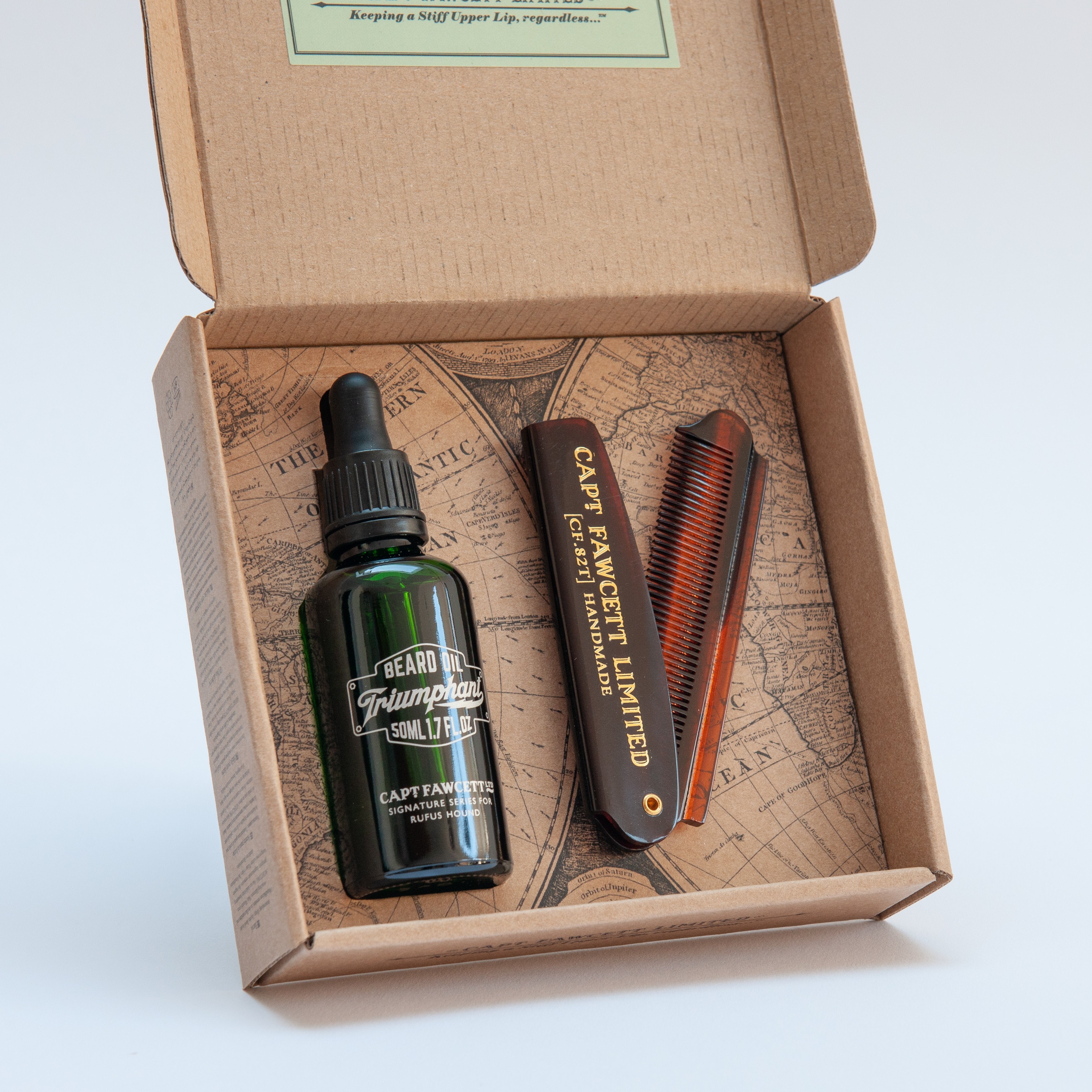 Captain Fawcett's Premium Beard Oil & Wooden Beard Comb Gift Set for Men - Triumphant Scent - Grooming Kit for Soft, Healthy Facial Hair - Perfect for Daily Care & Special Occasions