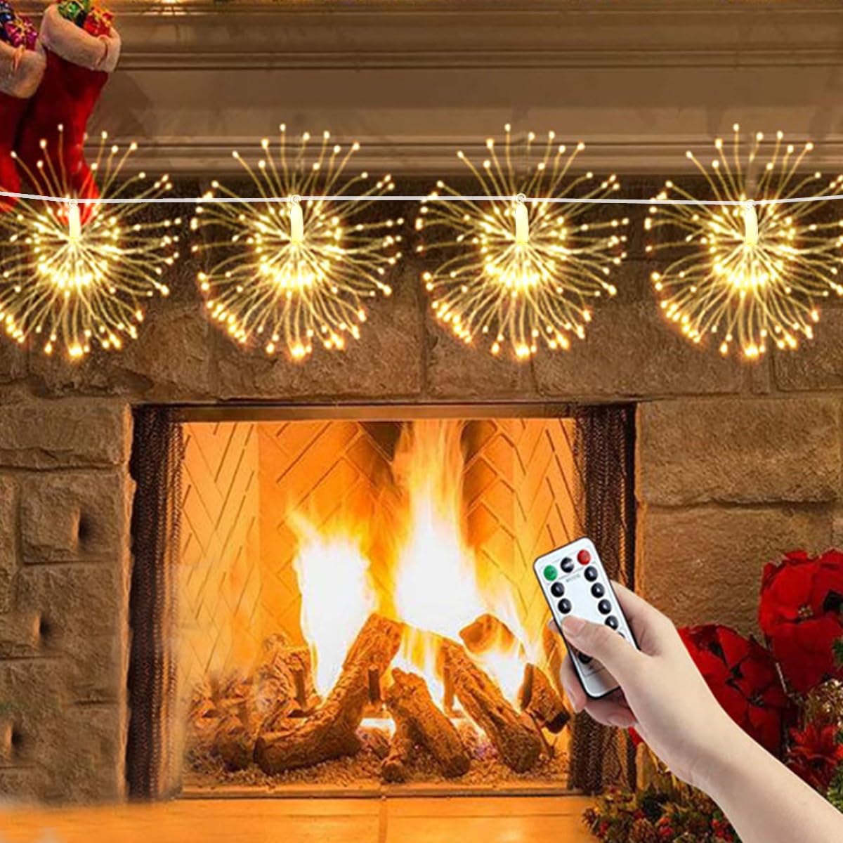 480 LED Starburst Fairy Lights with Remote Control - 4 Connection Copper Wire String Lights, 8 Lighting Modes, Dimmer & Timer - Perfect for Christmas Decorations, Garden Parties, and Indoor/Outdoor Home Lighting