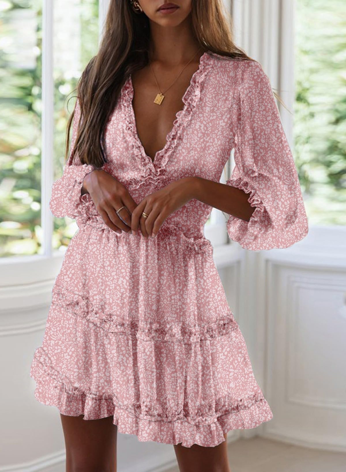 Dokotoo Women's Deep V Neck Long Sleeve Backless Ruffle Floral Mini Dress - Spring Summer 2025 Flowy Party Cocktail Dress for Date Night & Wedding Guest Outfits