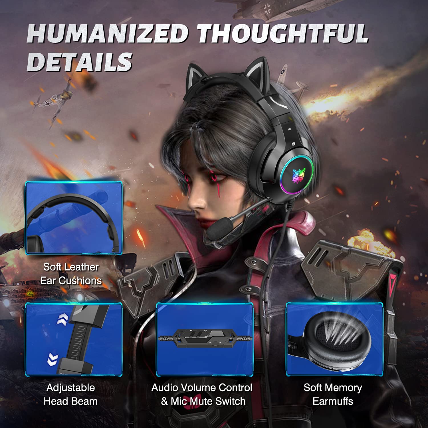 Wireless Cat Ear Gaming Headset with Microphone - 7.1 Surround Sound RGB LED Headphones for PC, PS4, PS5, Xbox One (Adapter Required) & Mobile Phones - Perfect for Streaming, Gaming & Online Classes