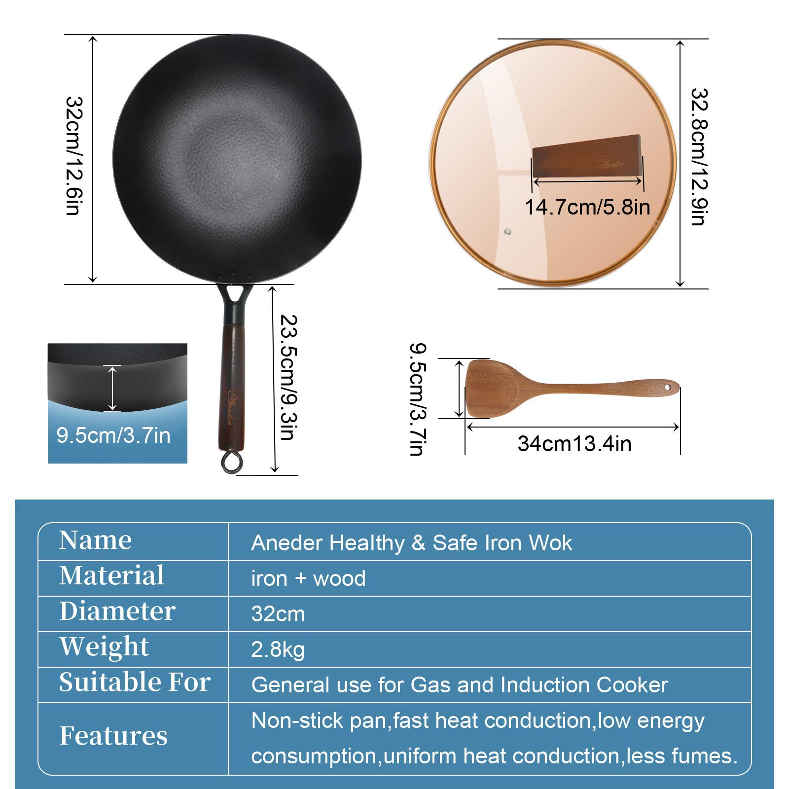 Premium Carbon Steel Wok with Glass Lid & Wooden Spatula - 14 Inch Chinese Stir Fry Pan for Professional Cooking | Perfect for Home Chefs & Asian Cuisine Lovers | Ideal for Stir-Frying, Deep Frying & Sautéing