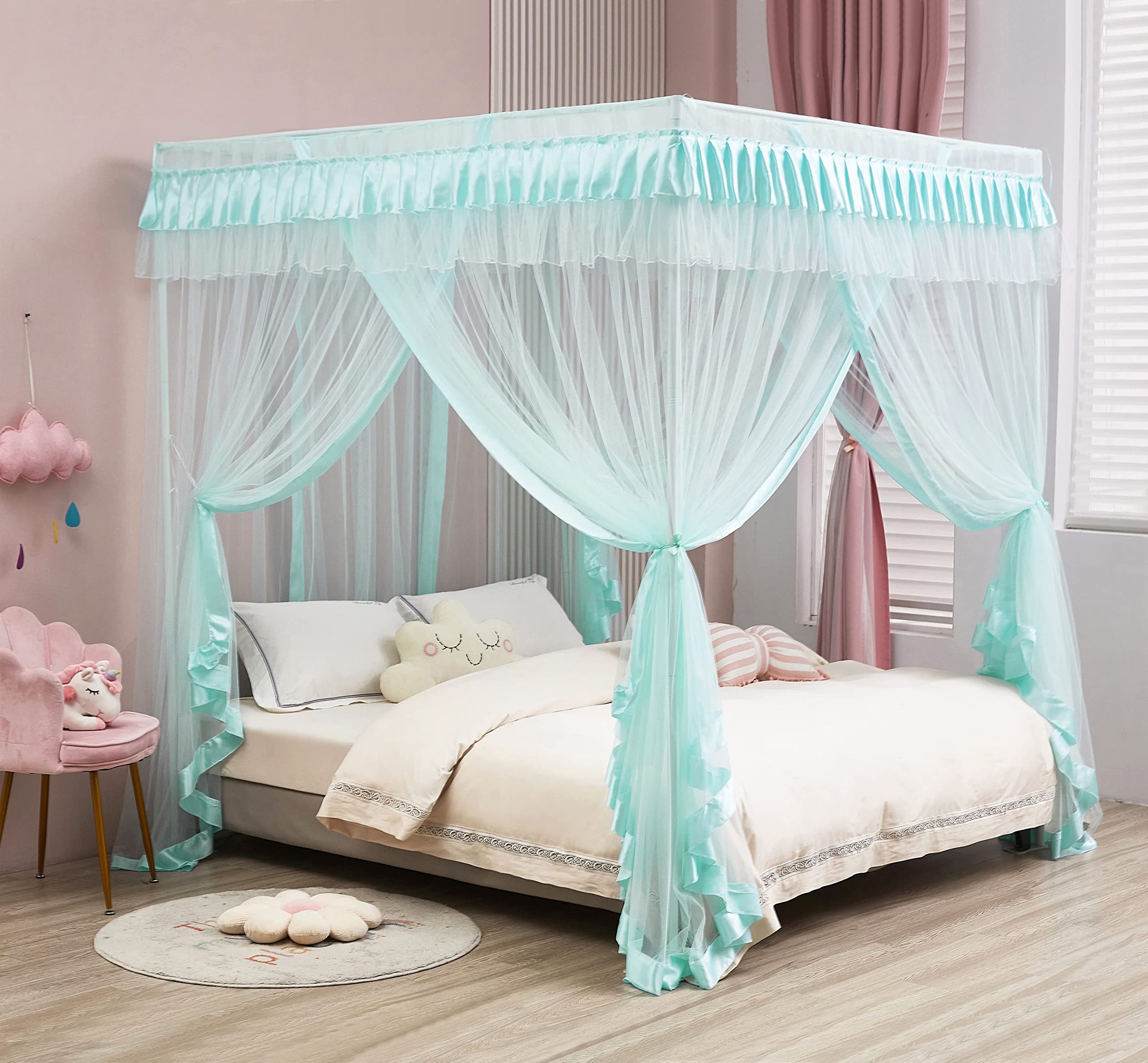 Luxury Mengersi Full Size Canopy Bed Curtains - Royal Cozy Drape Netting for Princess Bedroom Decor (Sky Blue) | Perfect for Kids Rooms, Nursery Decor & Fairy Tale Themed Bedrooms