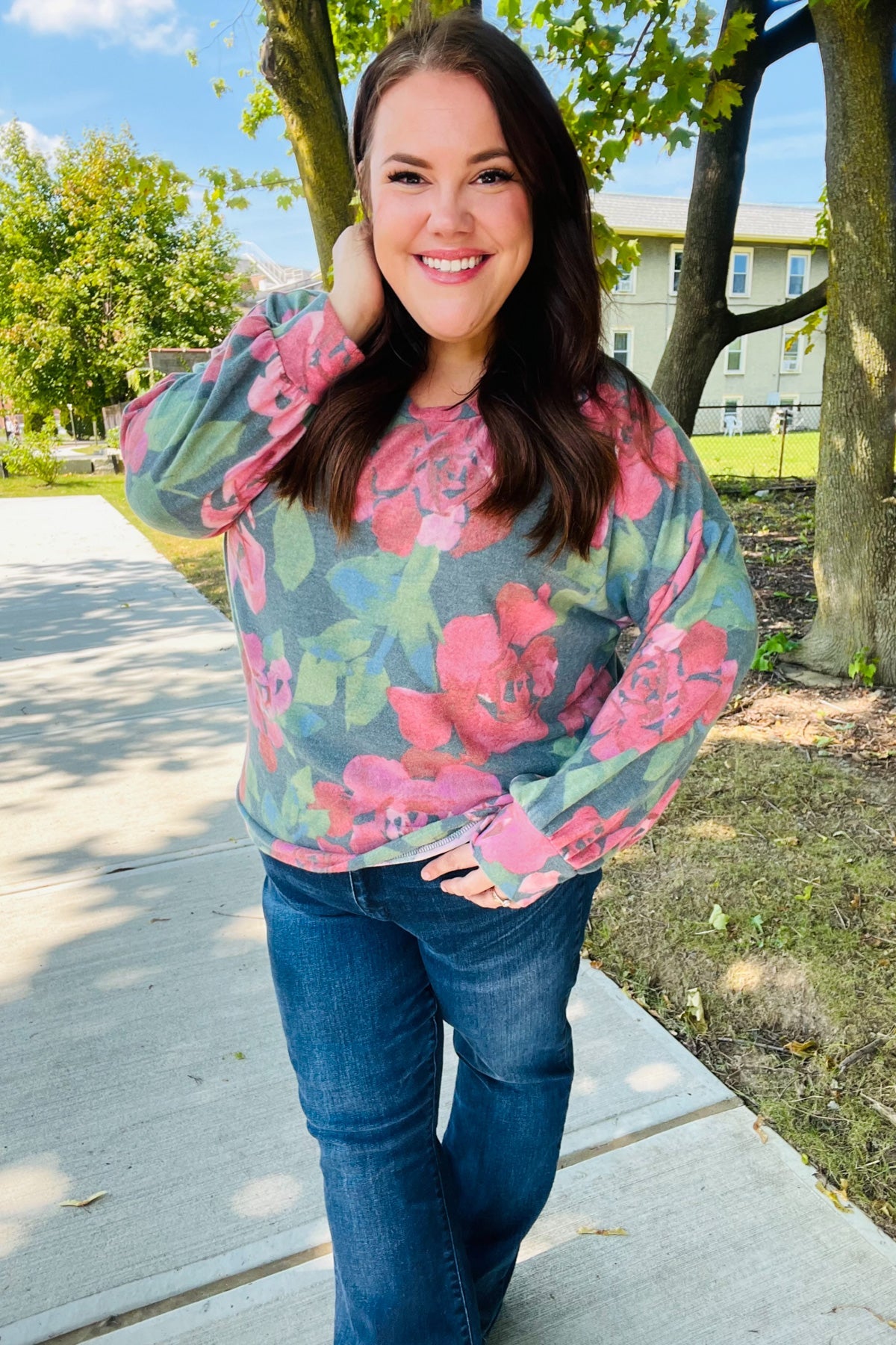 Everyday Hunter Green Floral Brushed Hacci Sweater Top for Women - Cozy Casual Knit Pullover for Fall & Winter Outfits | Perfect for Office, Dates & Weekend Wear