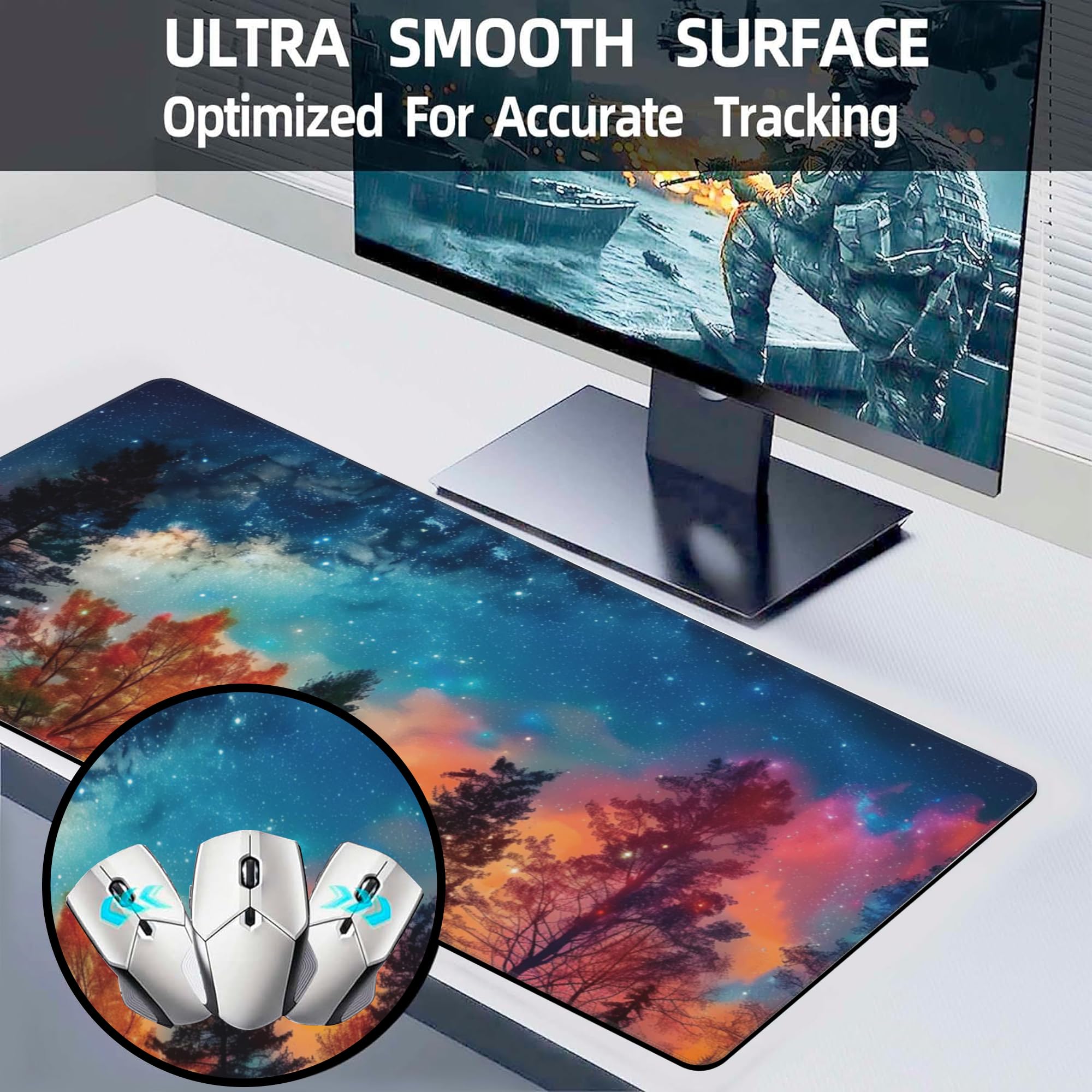 XXL Gaming Mouse Pad - Milky Way & Misty Forest Design, Non-Slip Rubber Base with Stitched Edges (35.4