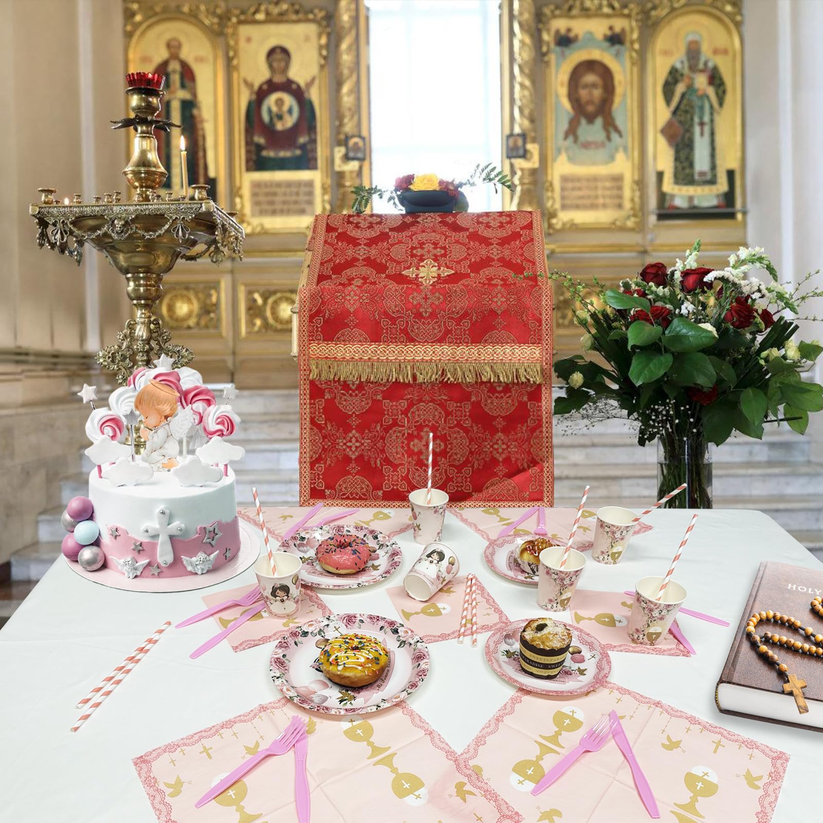 112 Pcs Pink Baptism Plates & Napkins Set - First Communion Party Supplies for Girls, Christening Tableware, Confirmation Decor - Perfect for Mi Primera Comunion, Mi Bautizo Celebrations - Ideal for Church Events, Baby Showers & Religious Ceremonies