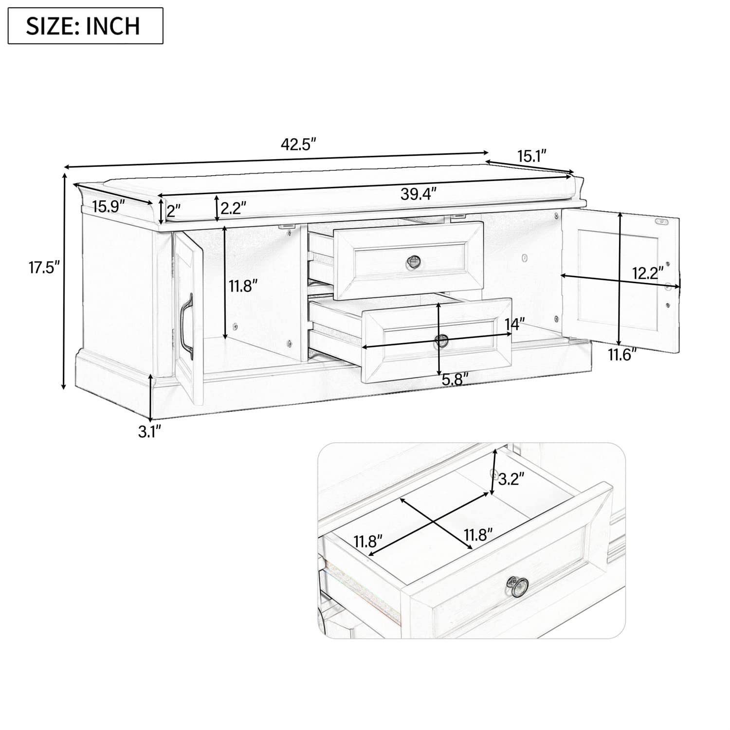 Storage Bench with 2 Drawers & 2 Cabinets - Upholstered Shoe Bench with Removable Cushion - Gray Wash Entryway Bench for Bedroom, Living Room & Hallway - Perfect for Shoe Storage, Seating & Home Organization