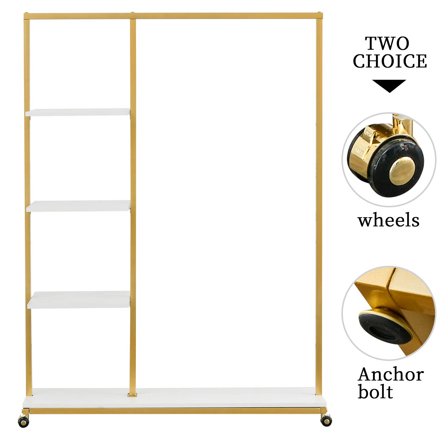 BOSURU 4-Tier Wood Shelf Gold Clothing Rack - Freestanding Modern Garment Display Stand with Wheels for Boutique & Retail Stores | Perfect for Home Closet Organization, Bedroom Storage & Commercial Apparel Displays