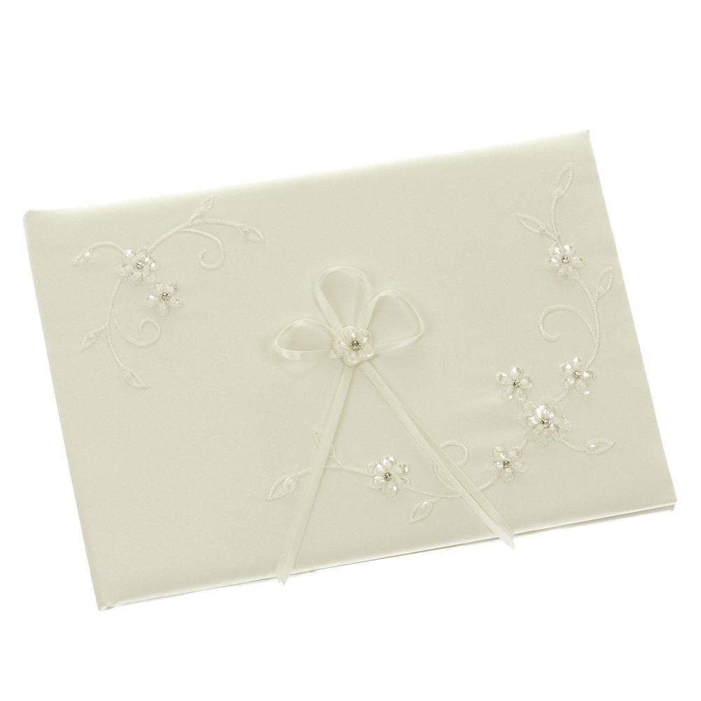 DivaDesigns Floral Embroidery Crystal Wedding Guest Book - Elegant Ivory Keepsake for Bridal Showers, Receptions & Anniversary Celebrations