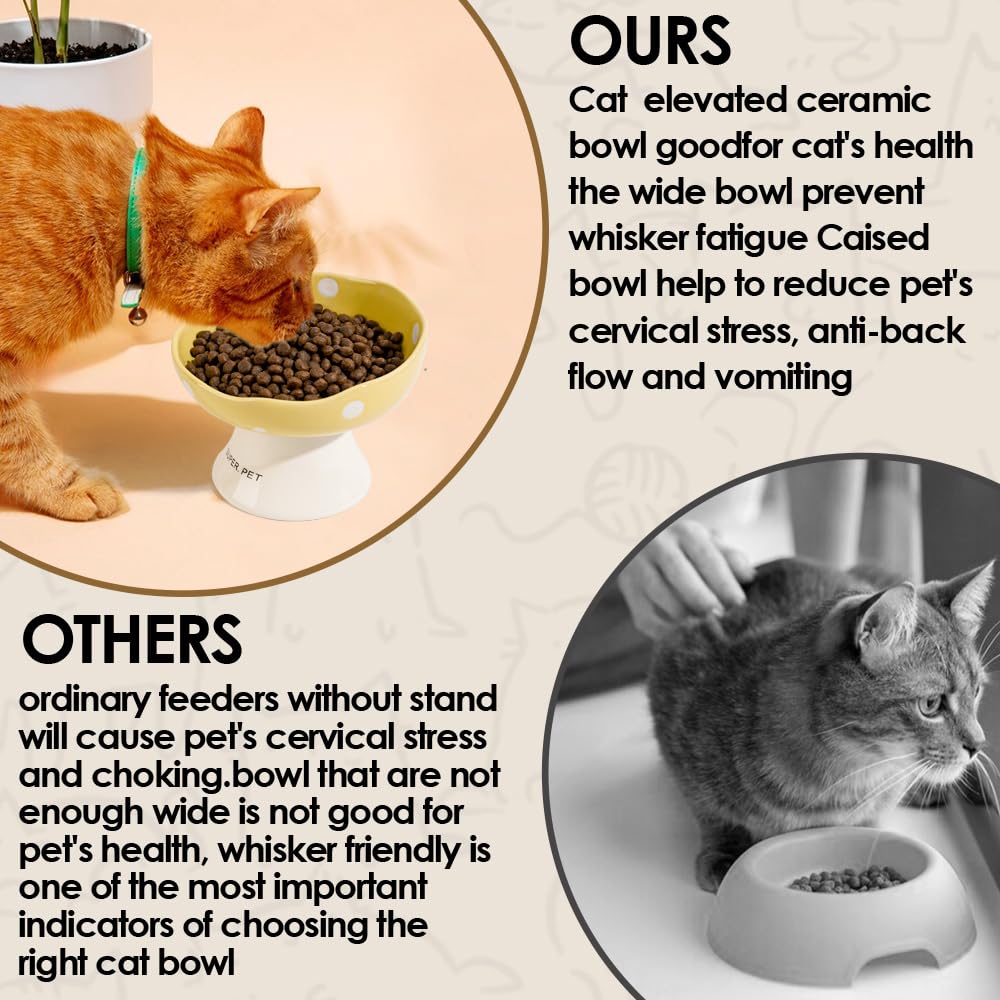 Elevated Ceramic Cat Bowls - Tilted Raised Anti-Vomit Pet Food & Water Dish for Kittens, Cats & Puppies | Whisker-Friendly, Dishwasher Safe | Perfect for Indoor Cats & Sensitive Stomachs