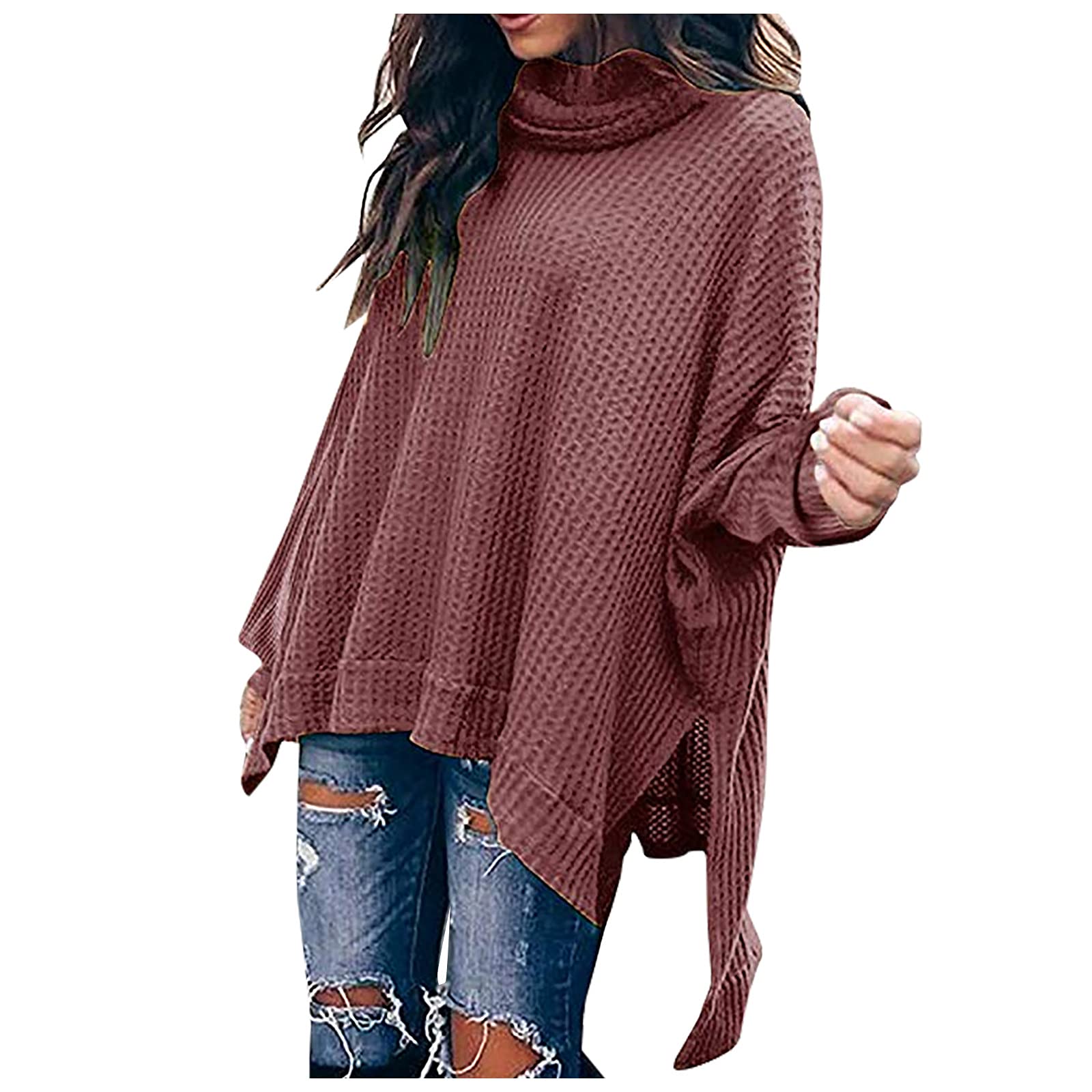 SERYU Women's Oversized Turtleneck Sweater - Batwing Sleeve, High-Low Hem & Side Slit Waffle Knit Tunic Top | Casual Loose Fit for Fall Winter Fashion, Office Wear & Weekend Outfits