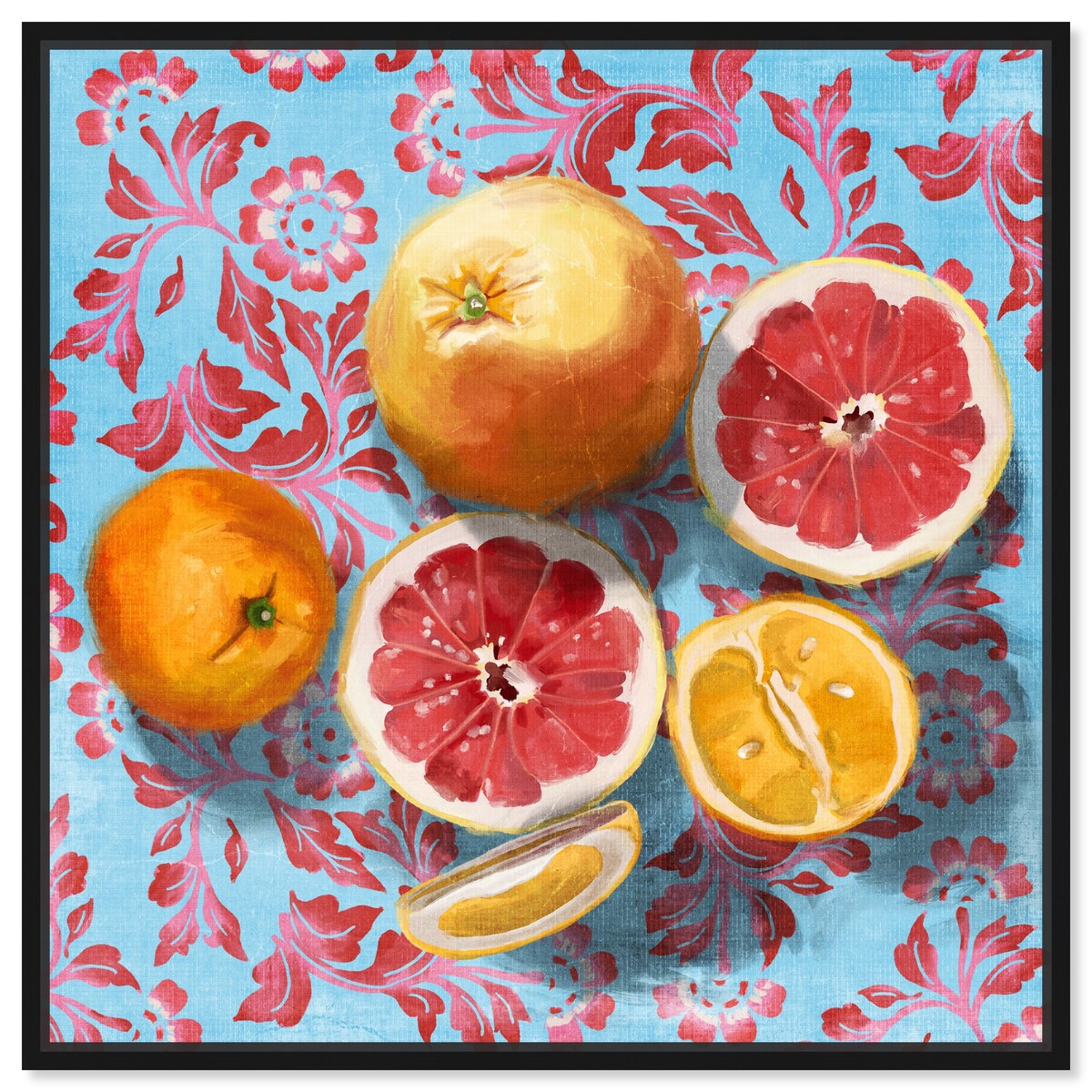 Tropical Citrus Still Life Blue Framed Canvas Wall Art Print - Kitchen Decor, Cabin & Lodge Decor - Perfect for Home, Office & Dining Room