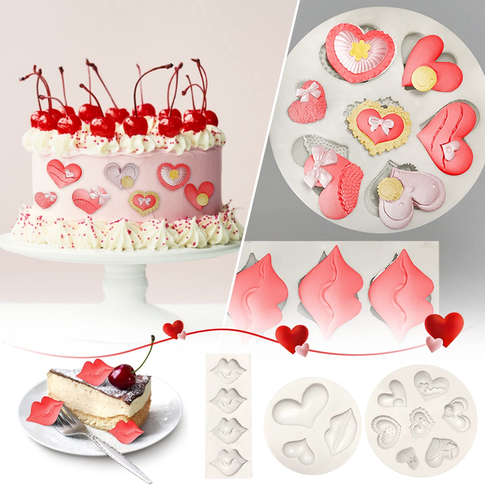 Valentine's Day Wedding Fondant Cake Molds - Silicone Love Heart & Red Lip Chocolate Candy Molds for Cake Decorating, Baby Shower & Romantic Parties - Perfect for DIY Desserts, Holiday Baking and Special Occasions