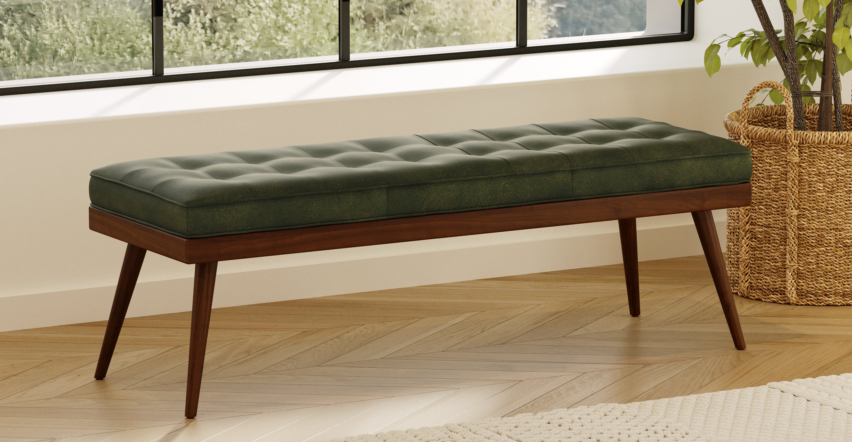 Luca Leather Bench - Modern Upholstered Storage Ottoman with Tufted Design for Living Room, Bedroom, or Entryway - Durable Faux Leather Seat with Sturdy Wooden Legs - Perfect for Extra Seating, Footrest, or Stylish Home Decor