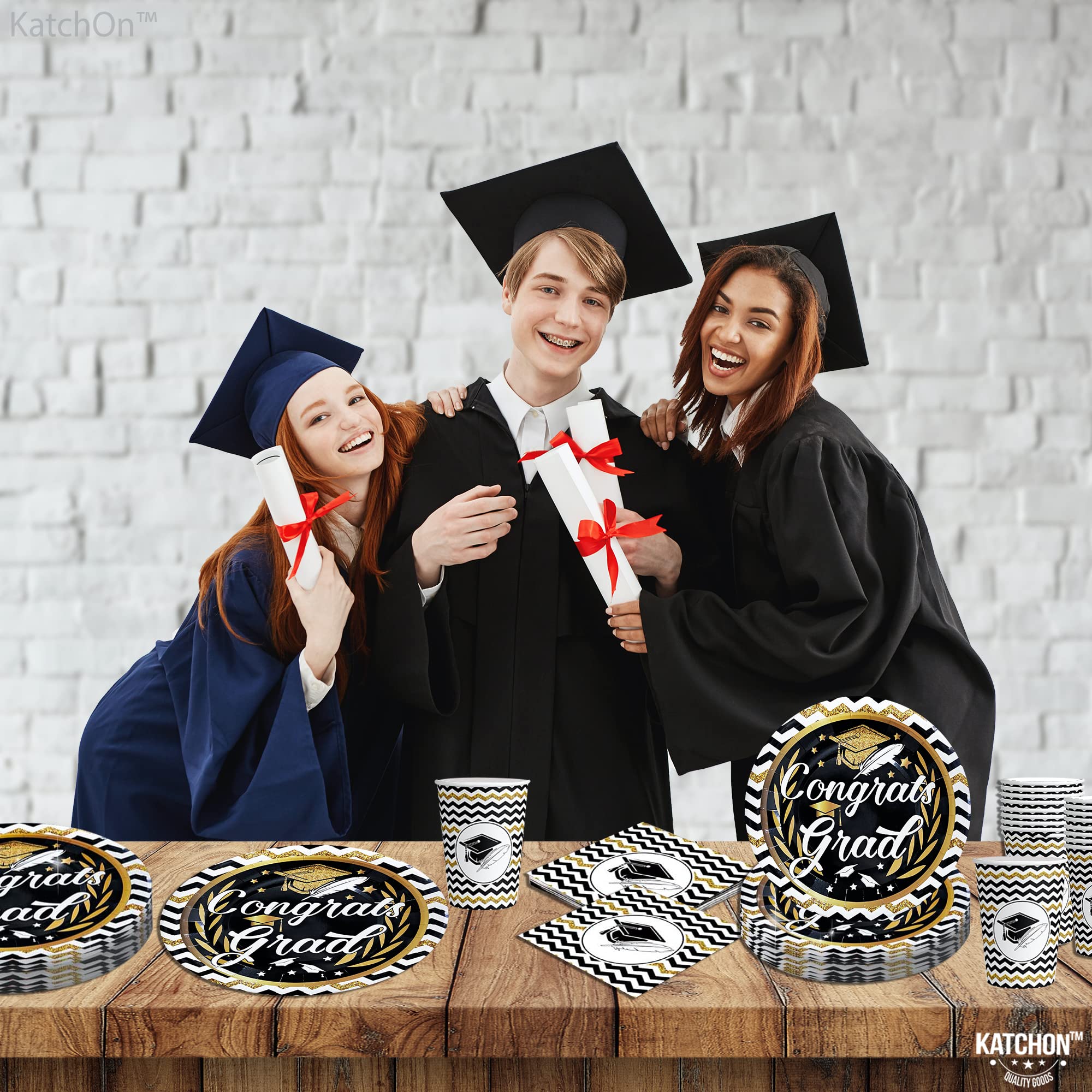 KatchOn 2025 Graduation Party Plates & Napkins Set - 44-Pack Black & Gold Congrats Grad Decorations for Commencement Celebrations | Perfect for Graduation Ceremonies, Open Houses & Senior Parties