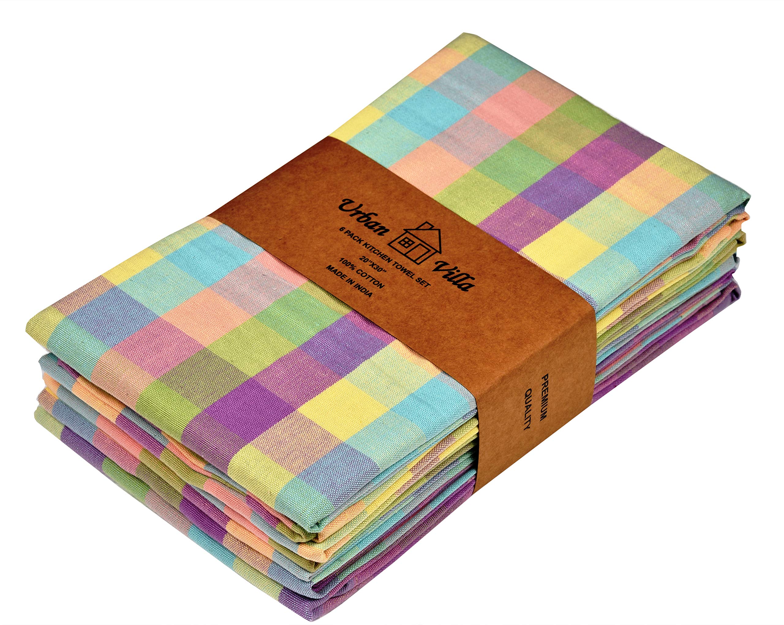 Urban Villa 6-Pack Buffalo Check Kitchen Towels 20”x30” - 100% Cotton, Super Absorbent & Ultra Soft with Mitered Corners - Perfect for Easter Decor, Dish Drying & Holiday Kitchen Decorations