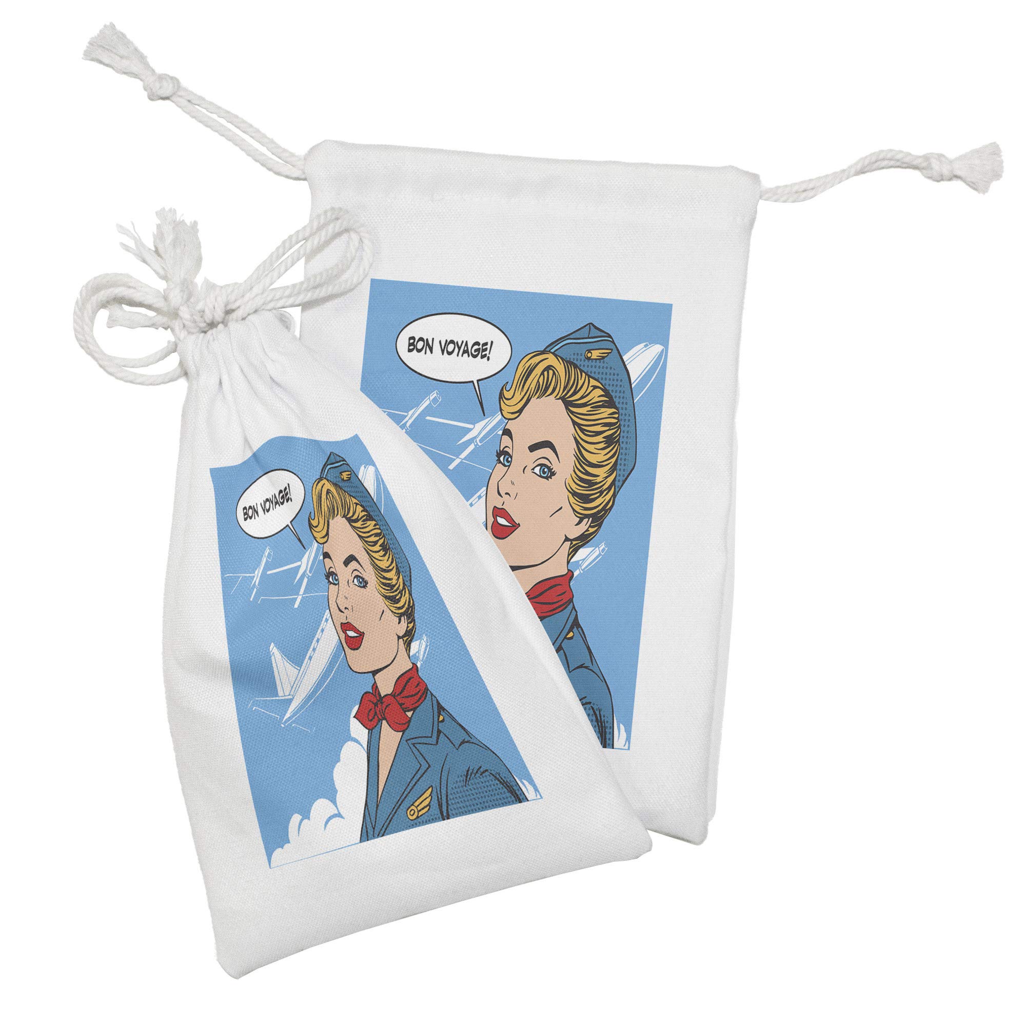 Ambesonne Travel Fabric Pouch Set of 2 - Retro Aviation Themed Drawstring Bags for Toiletries, Masks & Travel Essentials, 9
