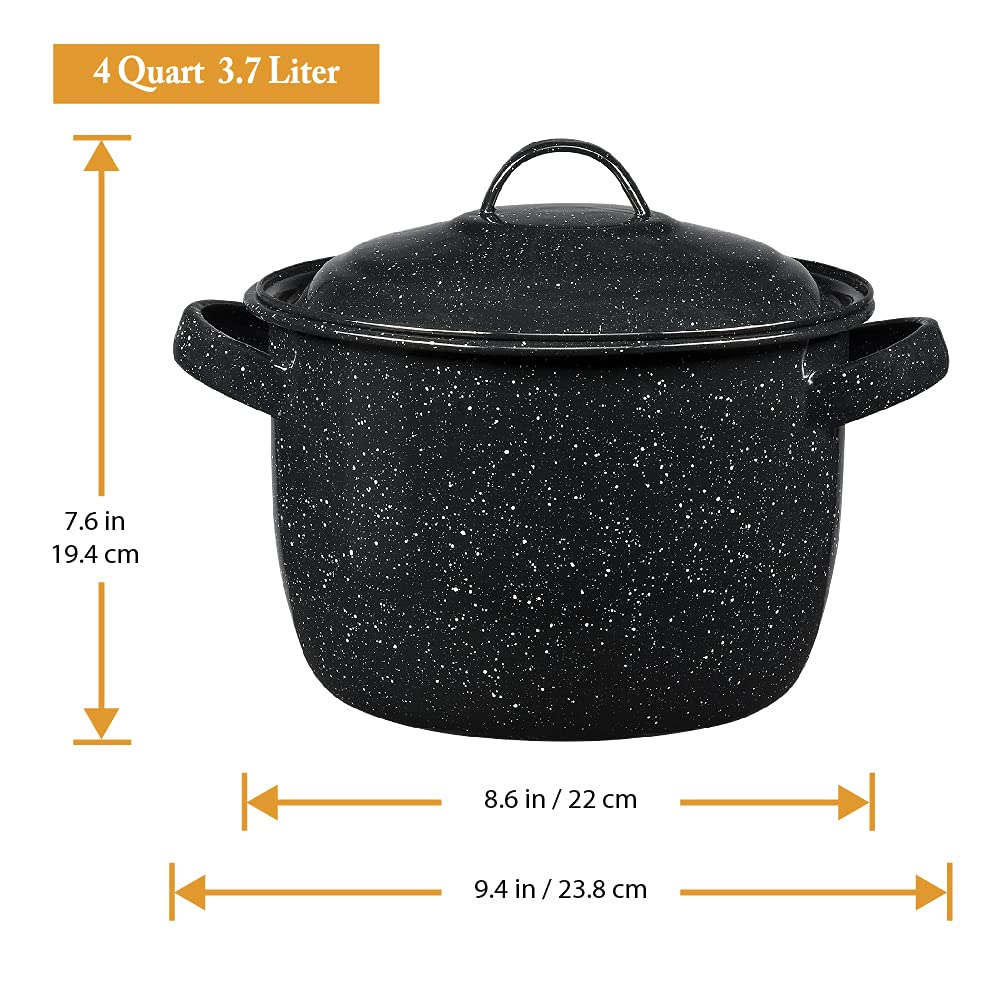 Granite Ware Enamel on Steel 4-Quart Stock Pot with Lid - Speckled Black Dutch Oven for Cooking, Boiling Soups & Stews | Durable Stovetop & Oven Safe Pot for Home Kitchen