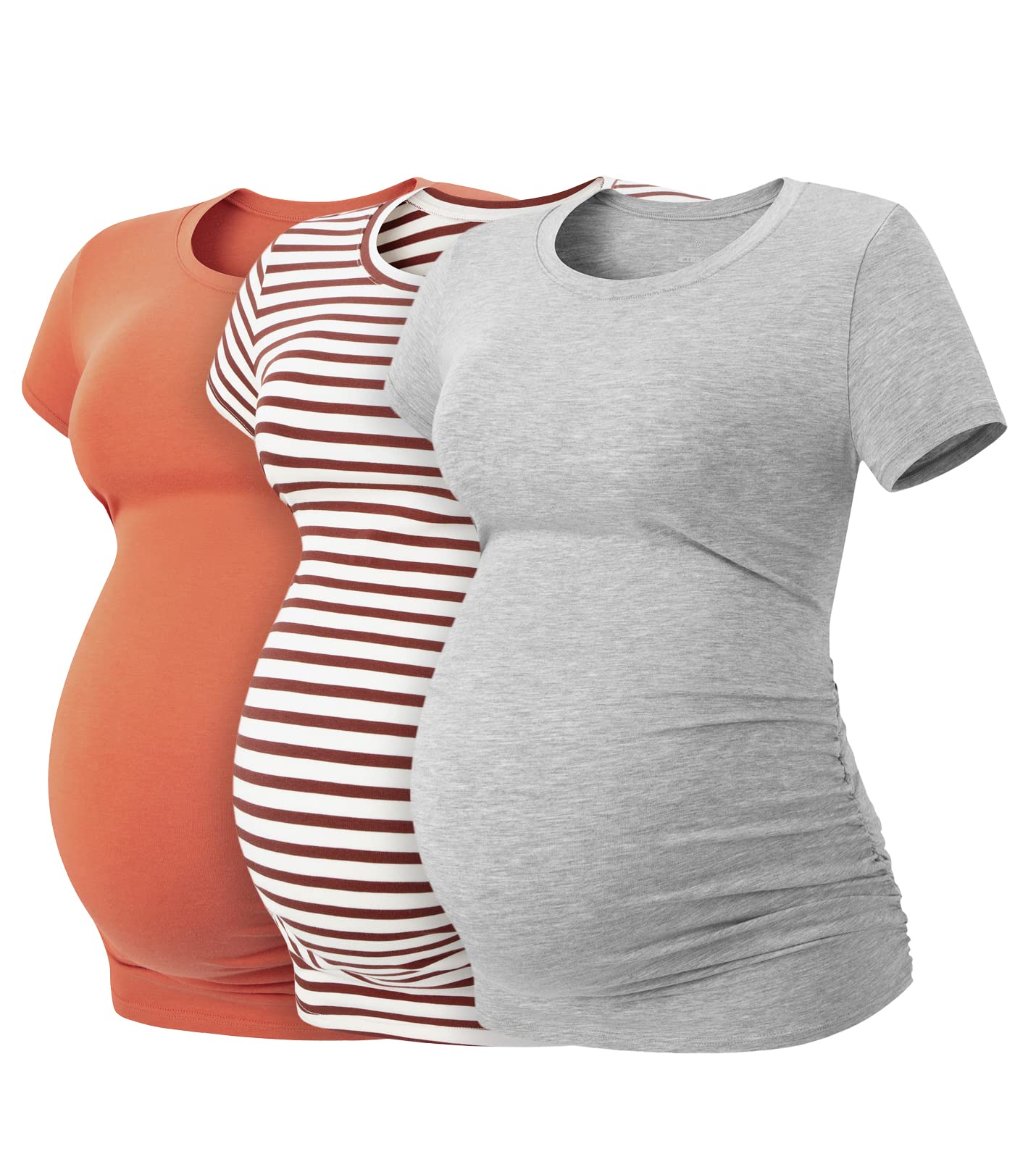 LAPASA Women's Maternity Shirts - Soft Modal Cotton Short Sleeve Pregnancy Tops with Side Ruched Design (1 or 3 Pack) - Comfortable Crew Neck Tees for Everyday Wear, Nursing & Maternity Photos