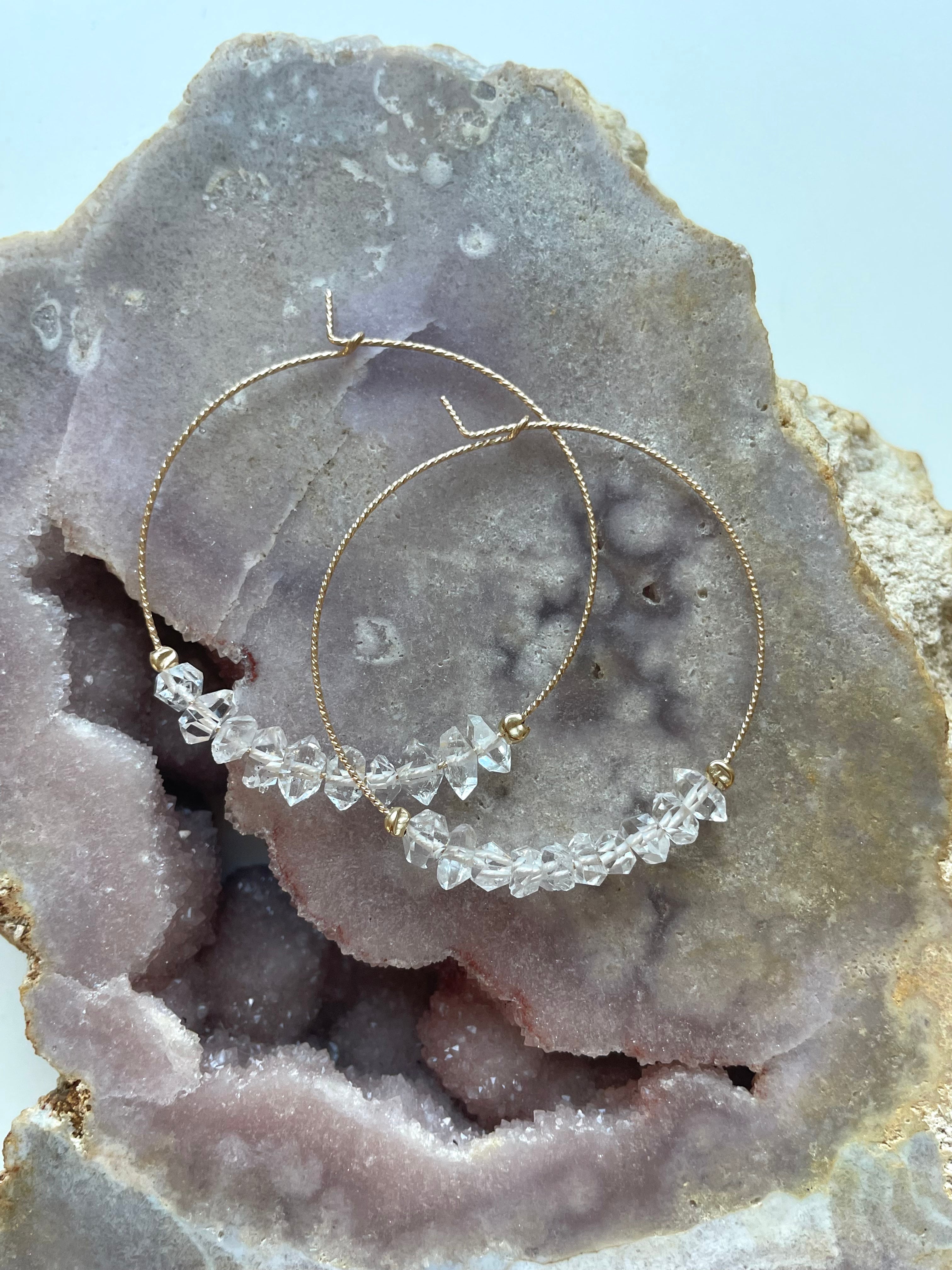 Stylish Thin Herkimer Diamond Hoops Earrings for Women - 14K Gold Plated Minimalist Dainty Studs - Perfect for Everyday Wear, Office & Special Occasions