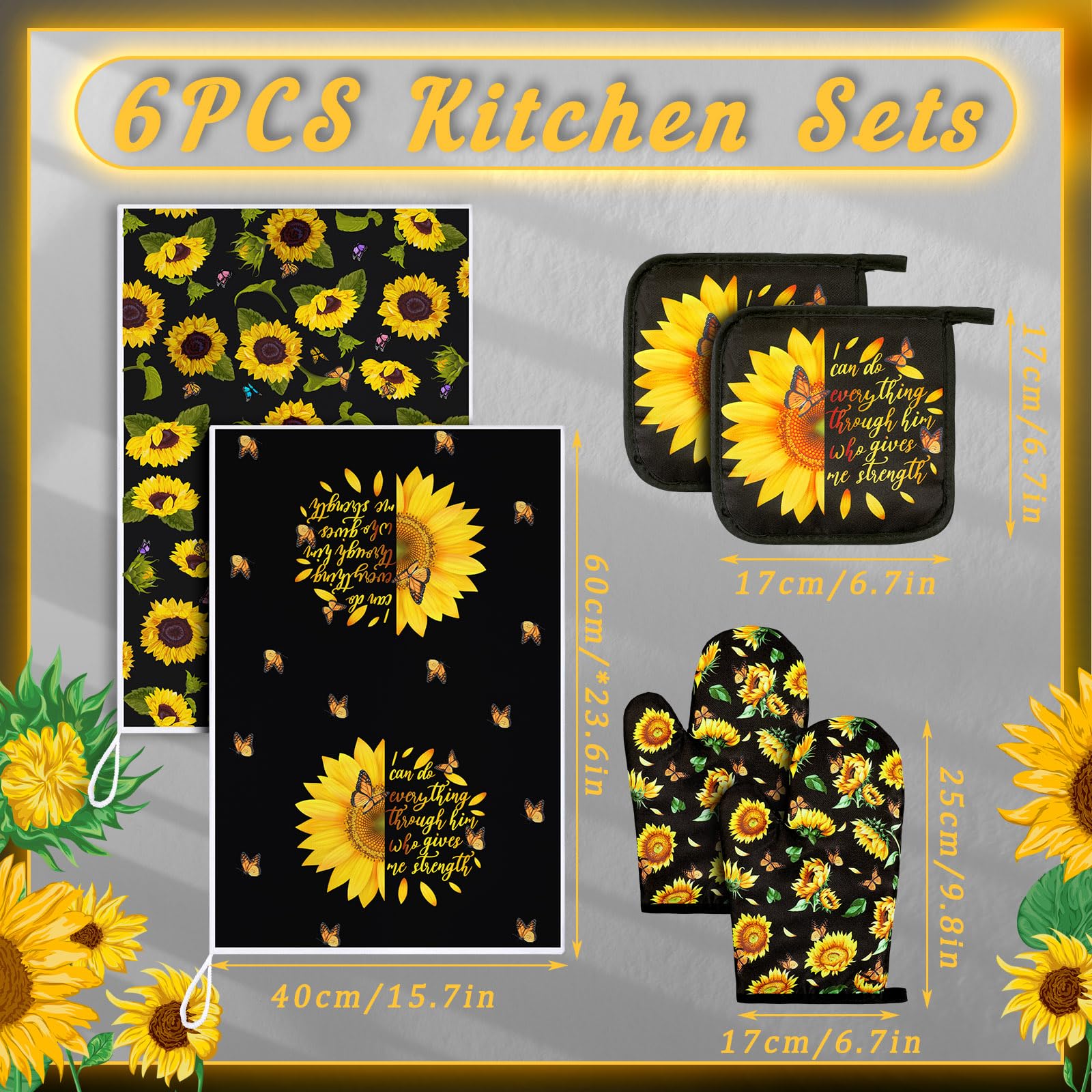 Bencailor 6-Piece Kitchen Decor Set - 2 Oven Mitts, 2 Dish Towels, 2 Pot Holders - Farmhouse Style Cooking & Baking Accessories for Grilling, Baking, and Kitchen Use (Black & Sunflower Design) - Perfect for Home Cooking, BBQ Parties, and Holiday Gift Giving