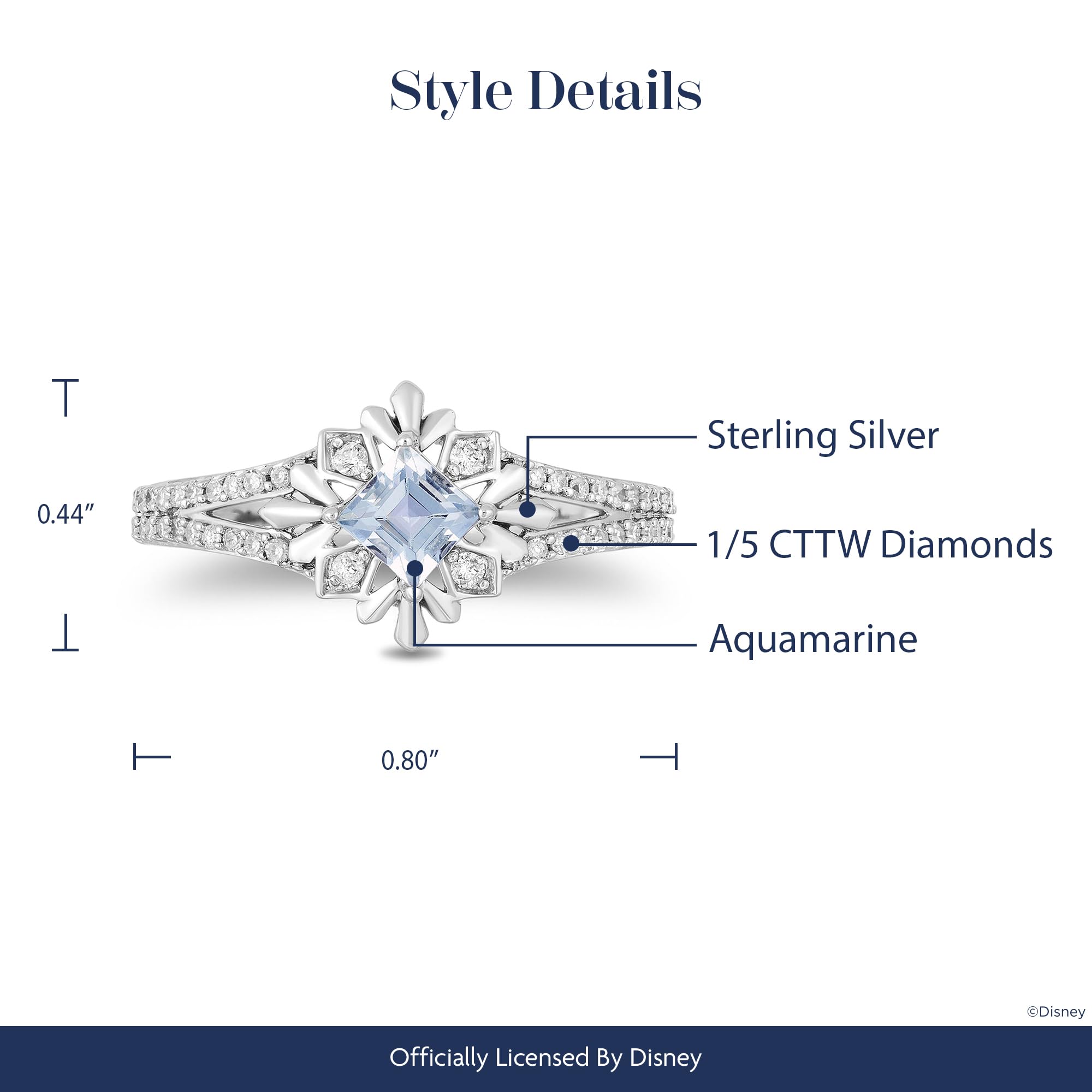 Jewelili Enchanted Disney Elsa Snowflake Ring - Sterling Silver with 1/5 Cttw Aquamarine & Diamond Center | Perfect for Disney Fans, Birthday Gifts & Special Occasions