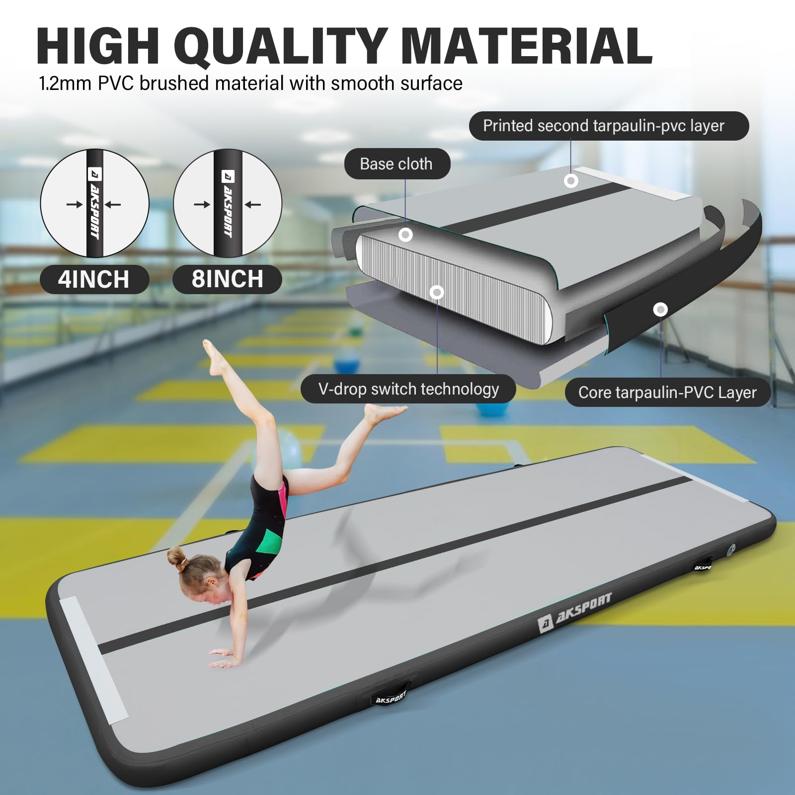 AKSPORT Inflatable Gymnastics Air Mat - Portable Tumble Track for Home, Gym & Outdoor Training - Perfect for Cheerleading, Parkour, Beach & Water Activities - Includes Air Pump for Easy Setup