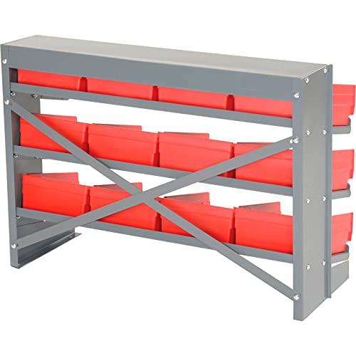 Global Industrial 3-Shelf Storage Bench Rack with 12 Red 8-Inch Wide Bins - 33x12x21 Inches - Perfect for Garage Organization, Warehouse Storage & Retail Display