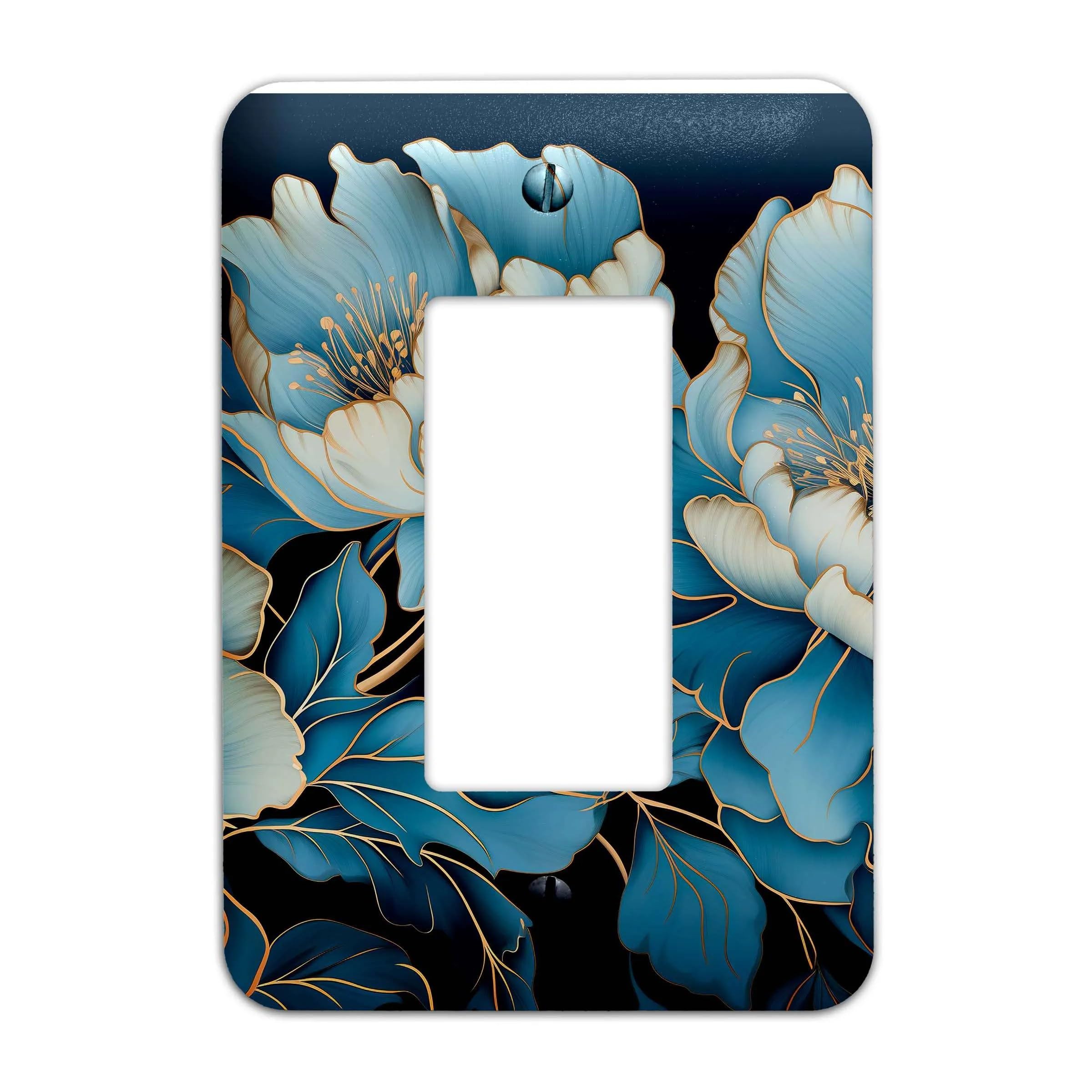 Blue Floral with Gold Accents Metal Light Switch Plate Cover - Decorative Single Rocker Wall Plate - Various Sizes Available #4762 - Perfect for Bedroom, Living Room & Home Decor