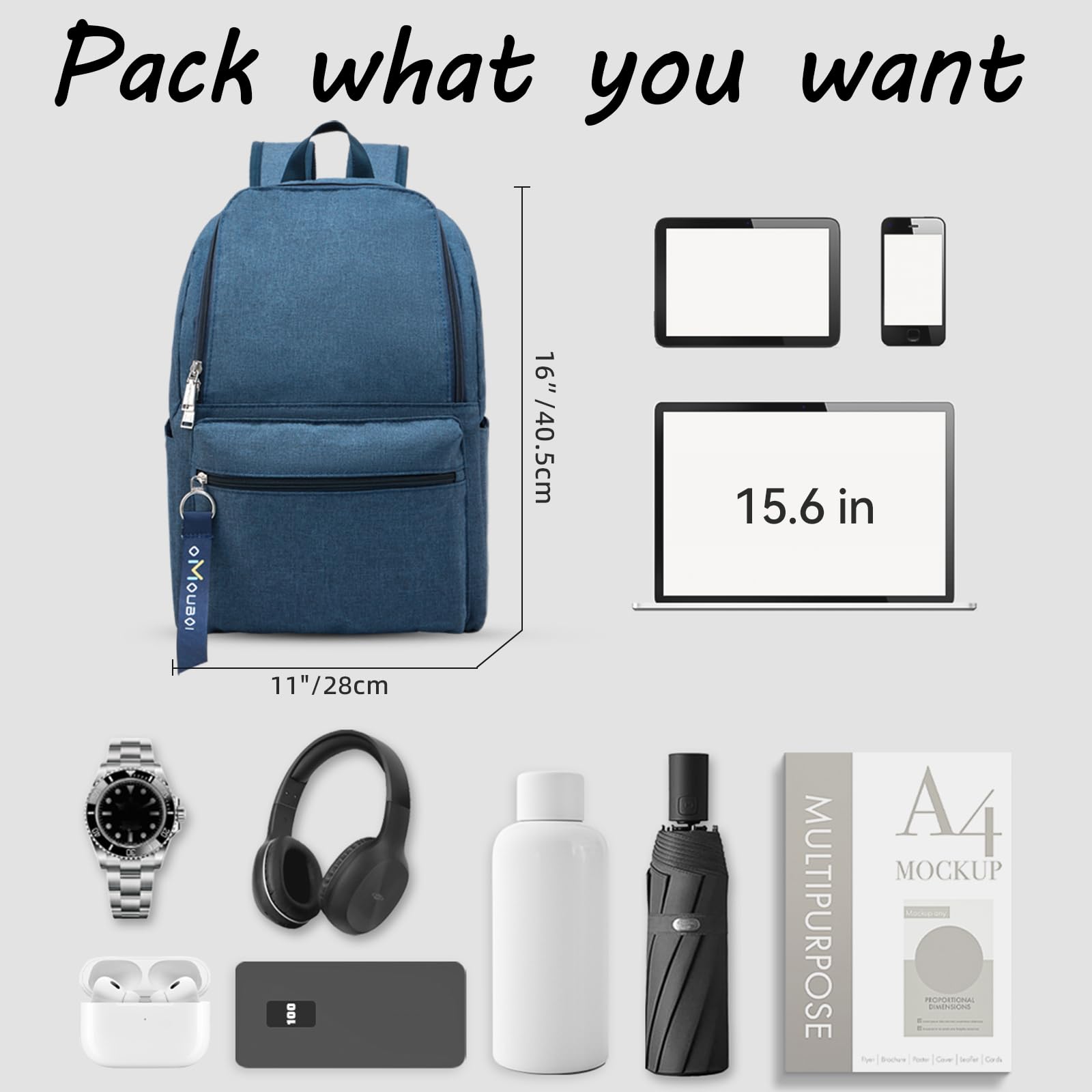 OMOUBOI Small Waterproof Backpack for Women & Men - Lightweight College Bookbag, Gym Backpack for School, Travel, Hiking | Durable & Stylish in Blue