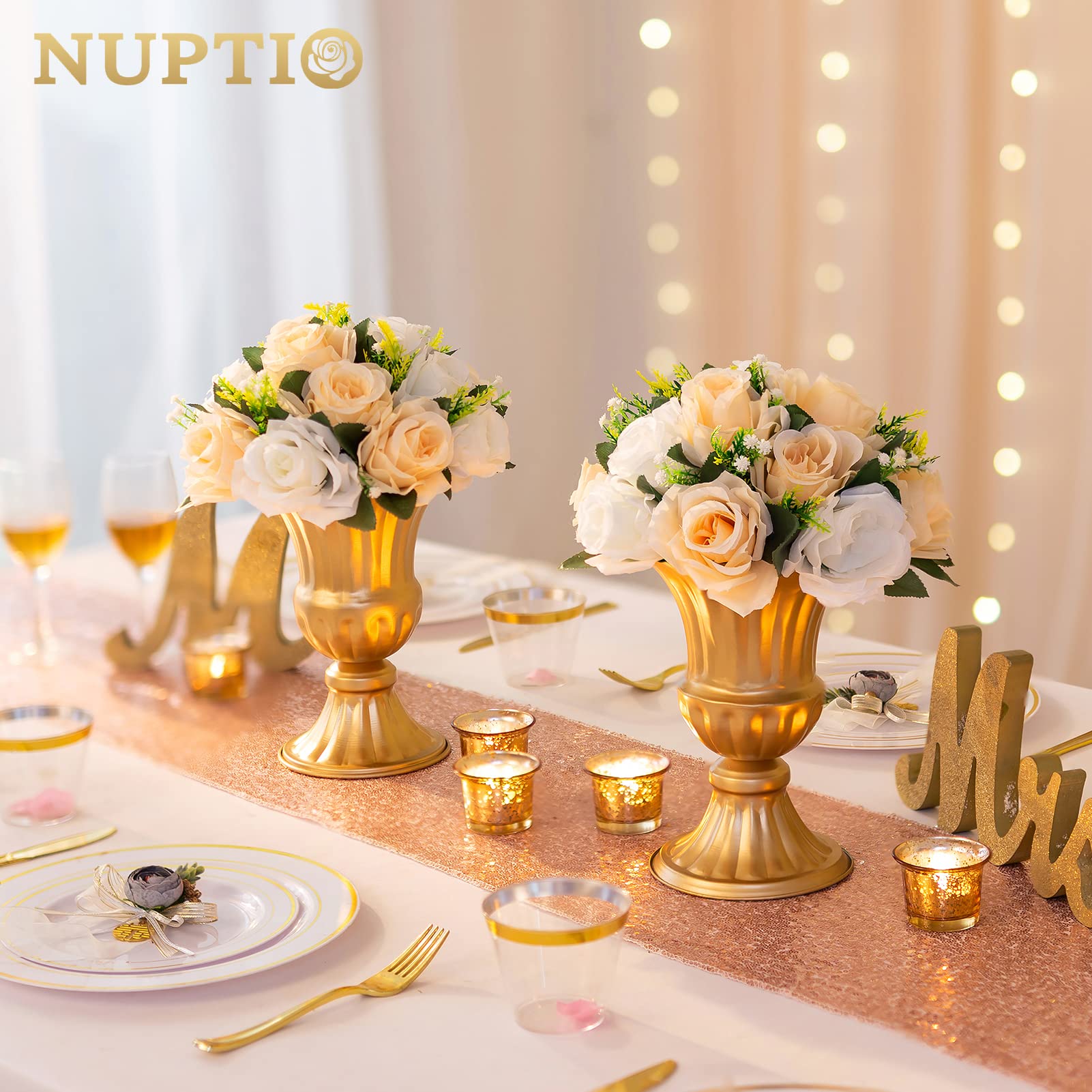 Elegant Gold Metal Urn Vases for Wedding Centerpieces - Set of 2 (9 Inch Height) - Trumpet Style Table Decor for Weddings, Parties & Home Decor - Perfect for Reception Tables, Banquets and Special Events