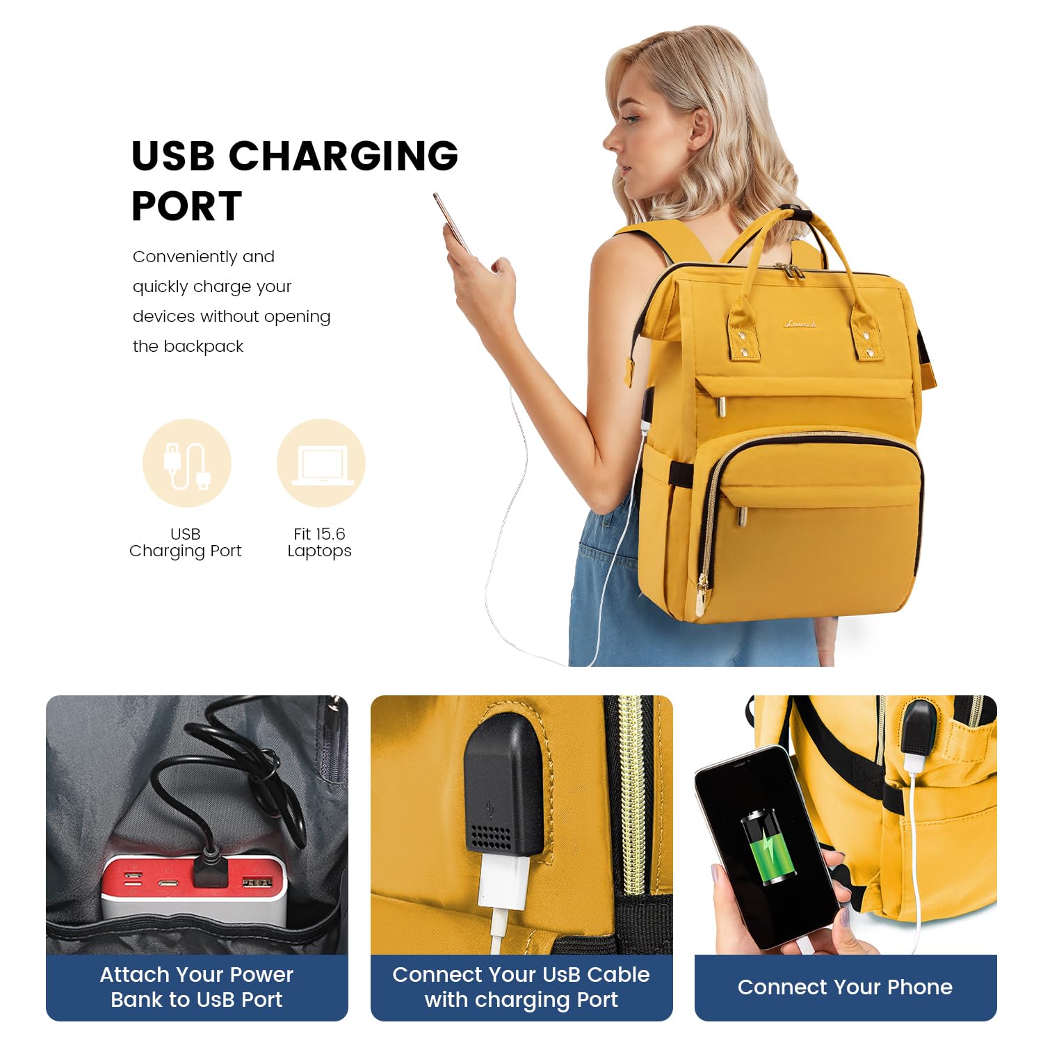 LOVEVOOK 15.6 Inch Anti-Theft Waterproof Laptop Backpack for Women - College, Travel & Work Backpack for Students, Teachers & Nurses - Perfect Gift for Women (Yellow) - Ideal for School, Commuting & Business Trips
