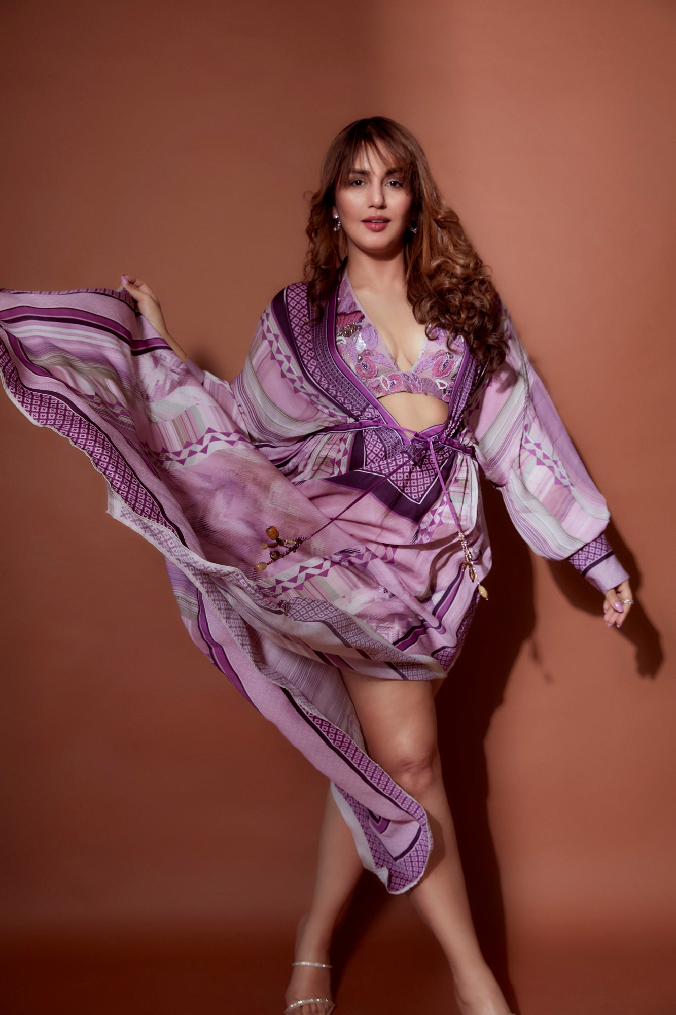 Lilac Floss Print Kaftan & Bralette Set with Hand Thread and Metallic Embellishments - Boho Chic Beach Cover Up for Summer Vacation & Pool Party