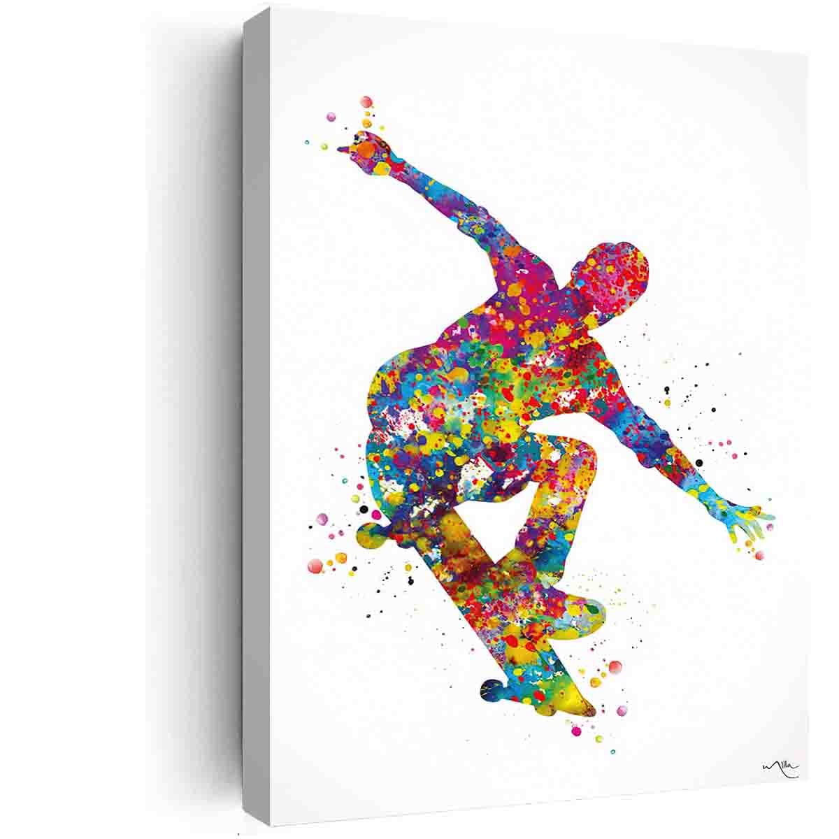 Skateboard Watercolor Wall Art - 12x18in - Ready to Hang for Bedroom & Teen Room Decor
