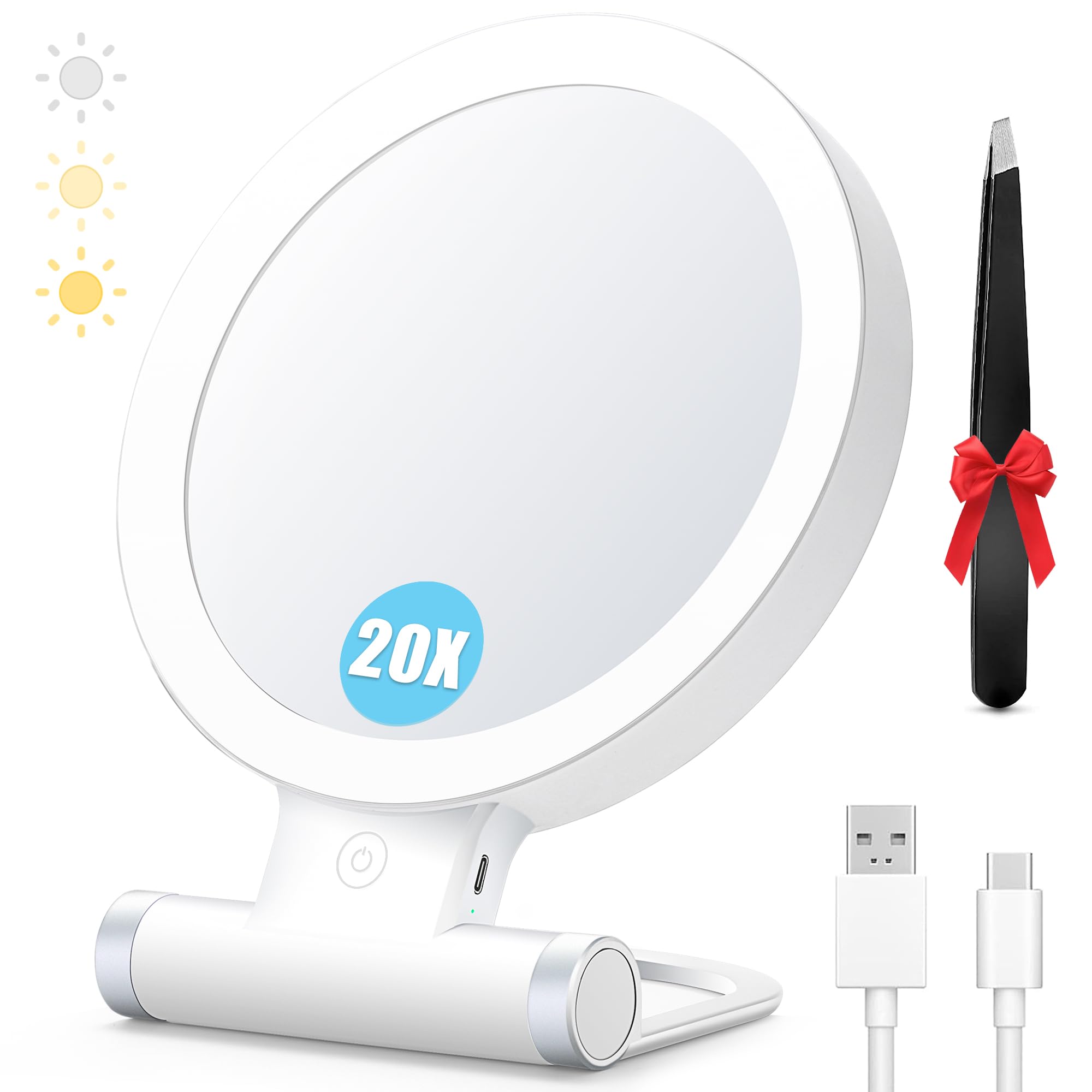 MIYADIVA 20X Magnifying Mirror with LED Light - Dual-Sided 1X/20X Vanity Mirror with Adjustable Handle & Touch Switch - Perfect for Travel Makeup, Eyebrow Plucking, Skincare & Shaving