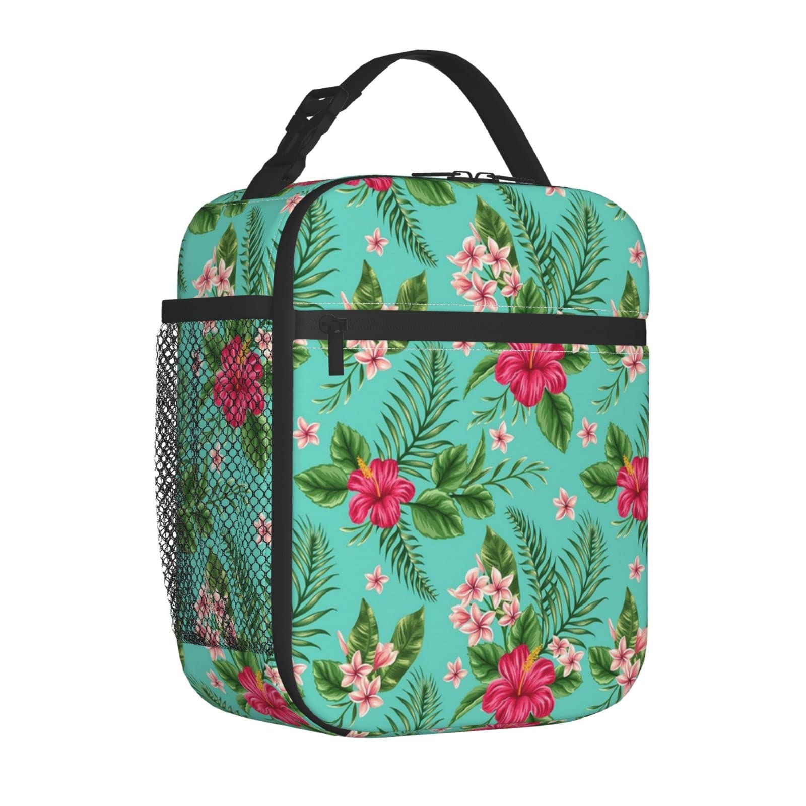 Floral Green Insulated Lunch Bag - Reusable Cooler Lunch Box for Women & Men, Leak-Proof Lunch Tote with Side Pocket - Perfect for School, Work, Travel, Picnic & Outdoor Activities