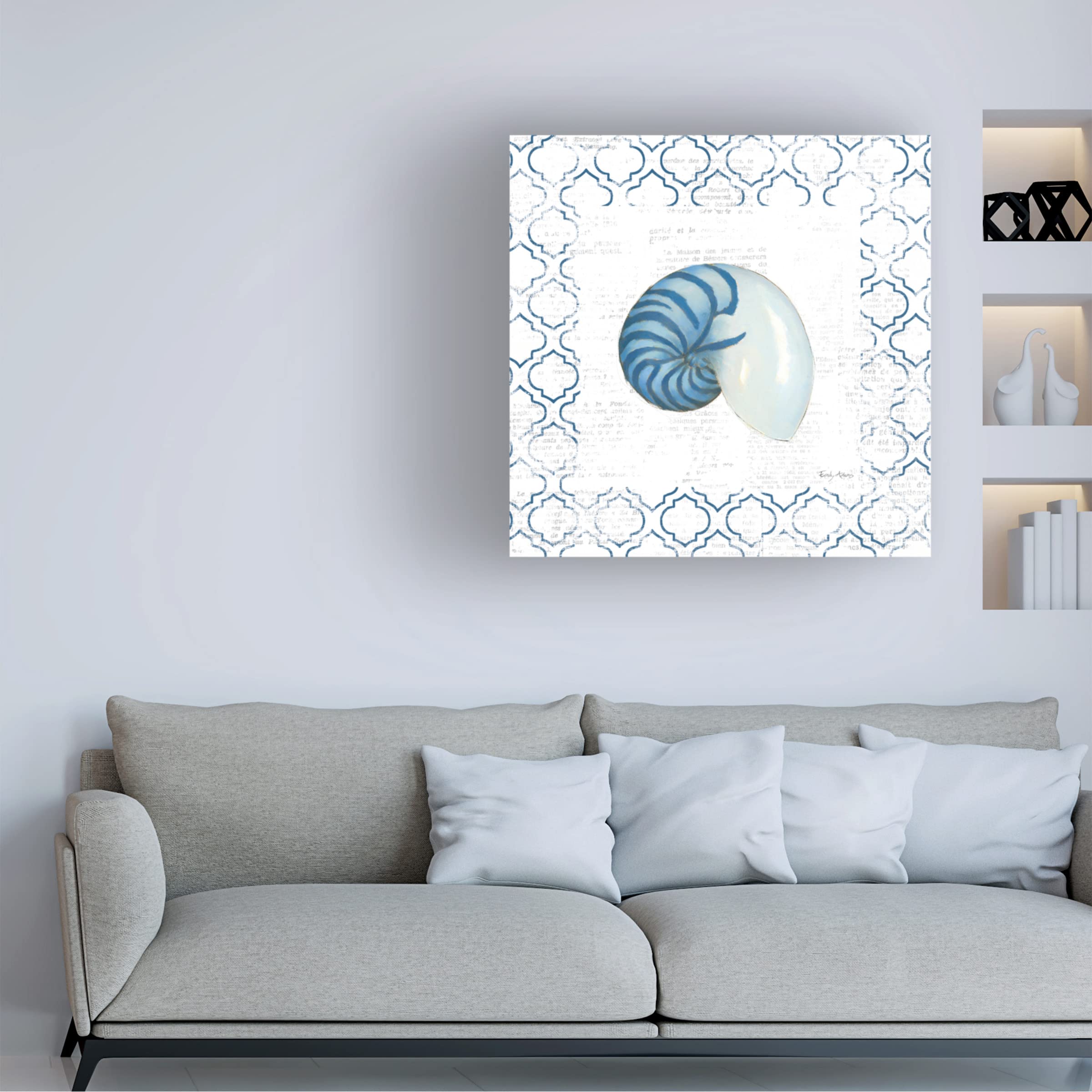 Emily Adams Navy Nautilus Shell on Newsprint Canvas Art Print - Modern Coastal Wall Decor for Living Room, Bedroom & Office | Trademark Fine Art Collection