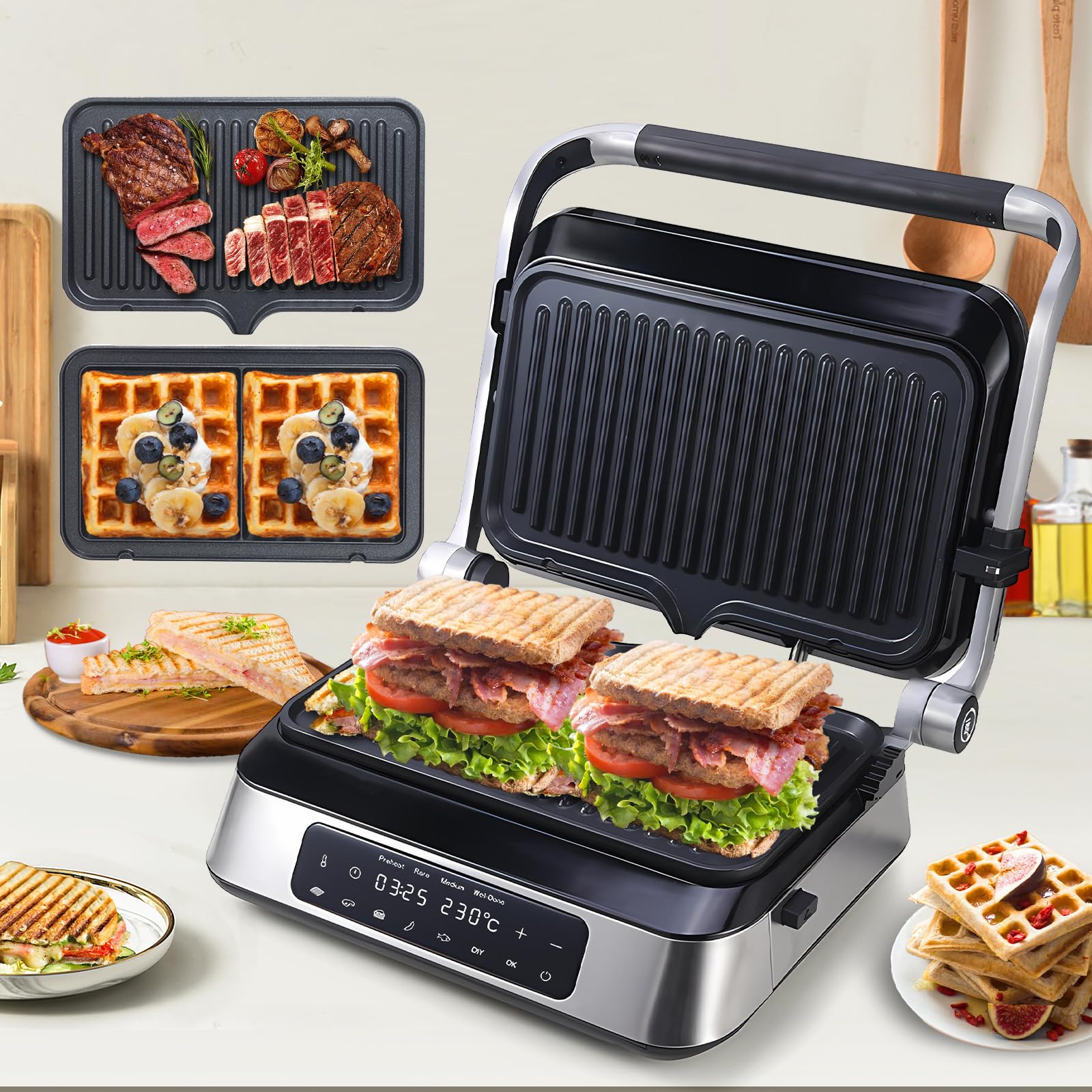 Non-Stick Panini Press & Waffle Maker Combo - 1600W Electric Sandwich Grill with Removable Plates, 180° Open Design - Perfect for Steak, Burgers, Paninis & Waffles - Ideal Kitchen Gift for Home Cooking & Breakfast Preparation
