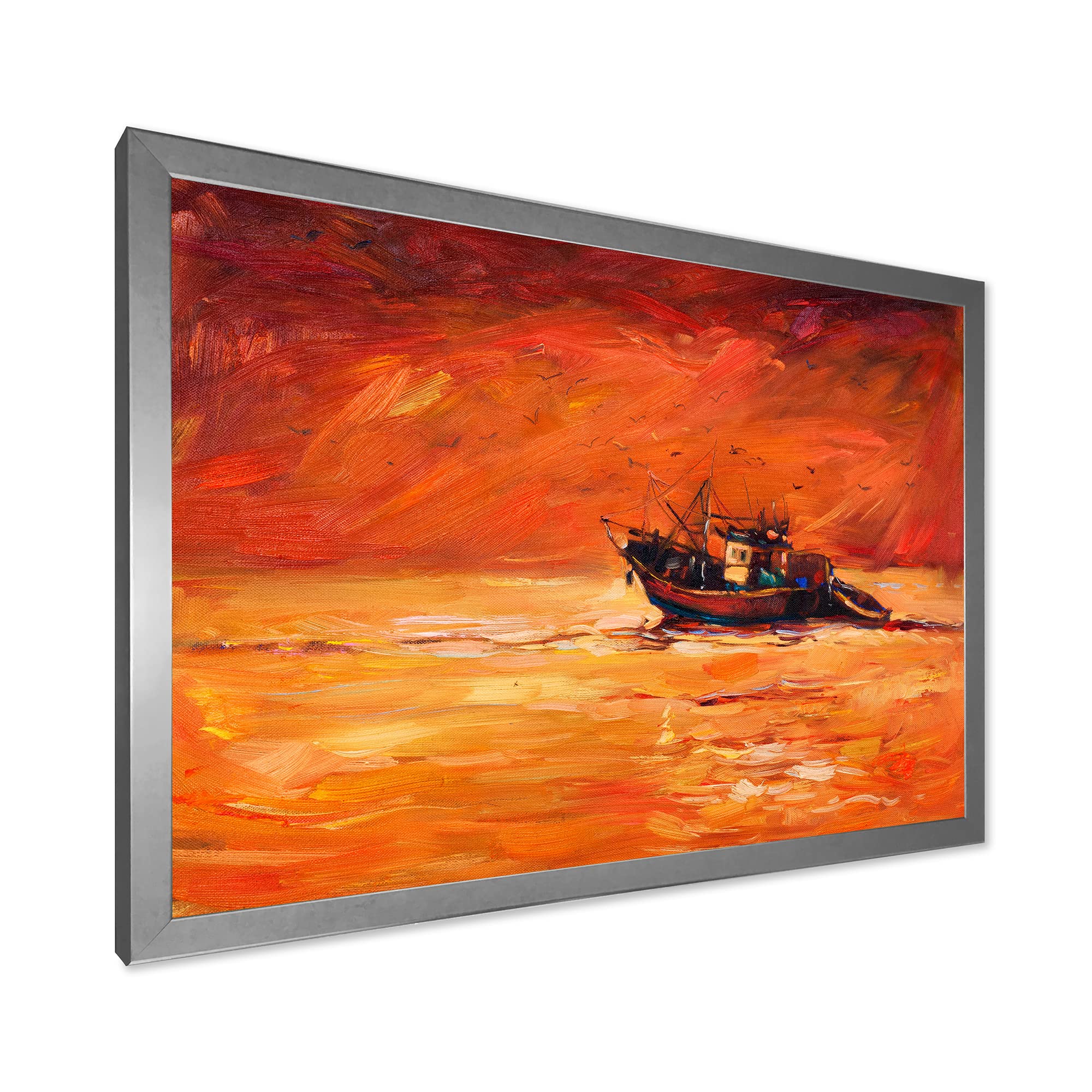 Coastal Framed Wall Art - Fishing Boat at Sunset, Nautical Home Decor for Living Room, Bedroom & Office | Perfect Beach House & Seaside Theme Decoration