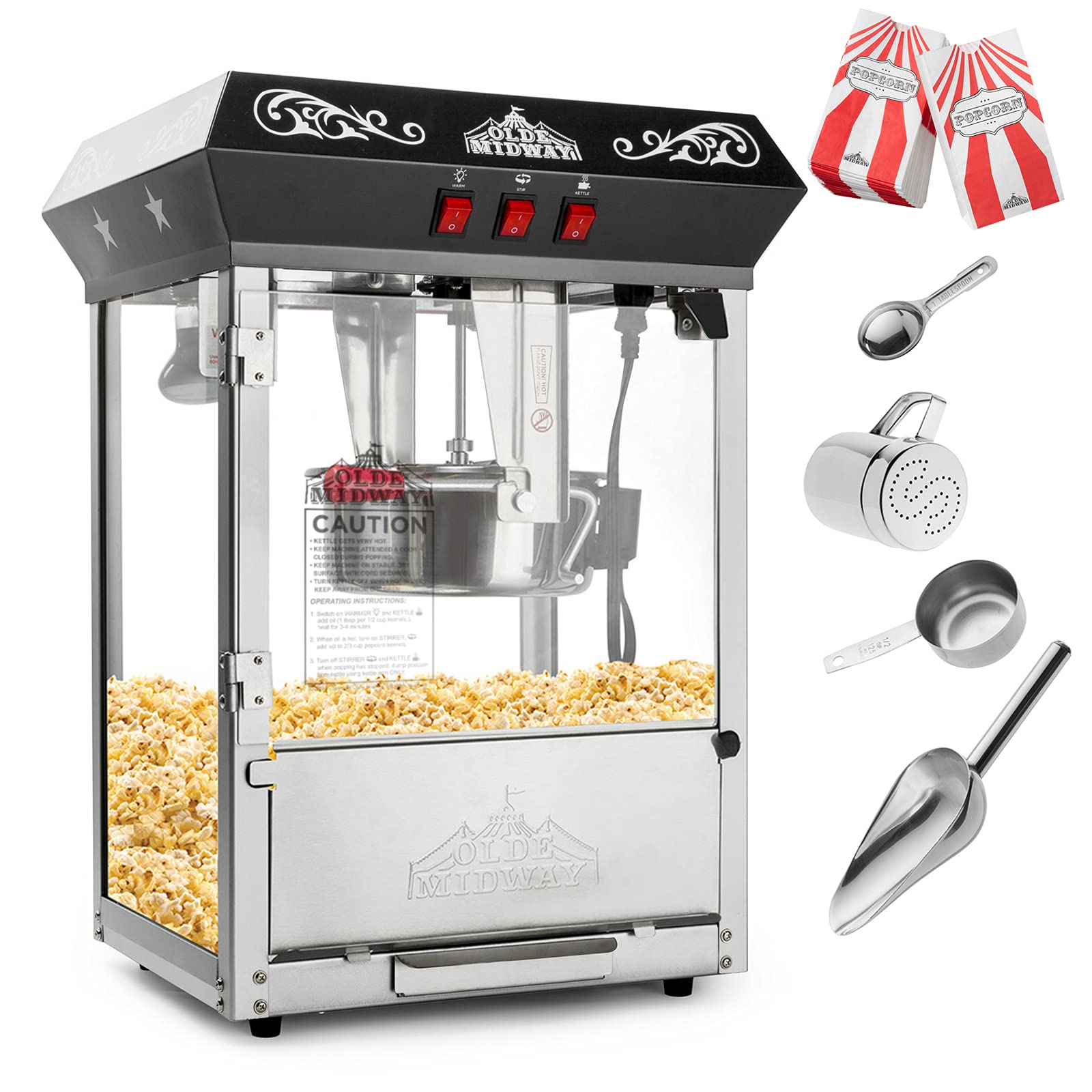 Olde Midway Commercial Popcorn Machine - 8-Ounce Kettle Popper for Movie Theater Style Popcorn at Home (Black) - Perfect for Parties, Carnivals & Home Theater Nights