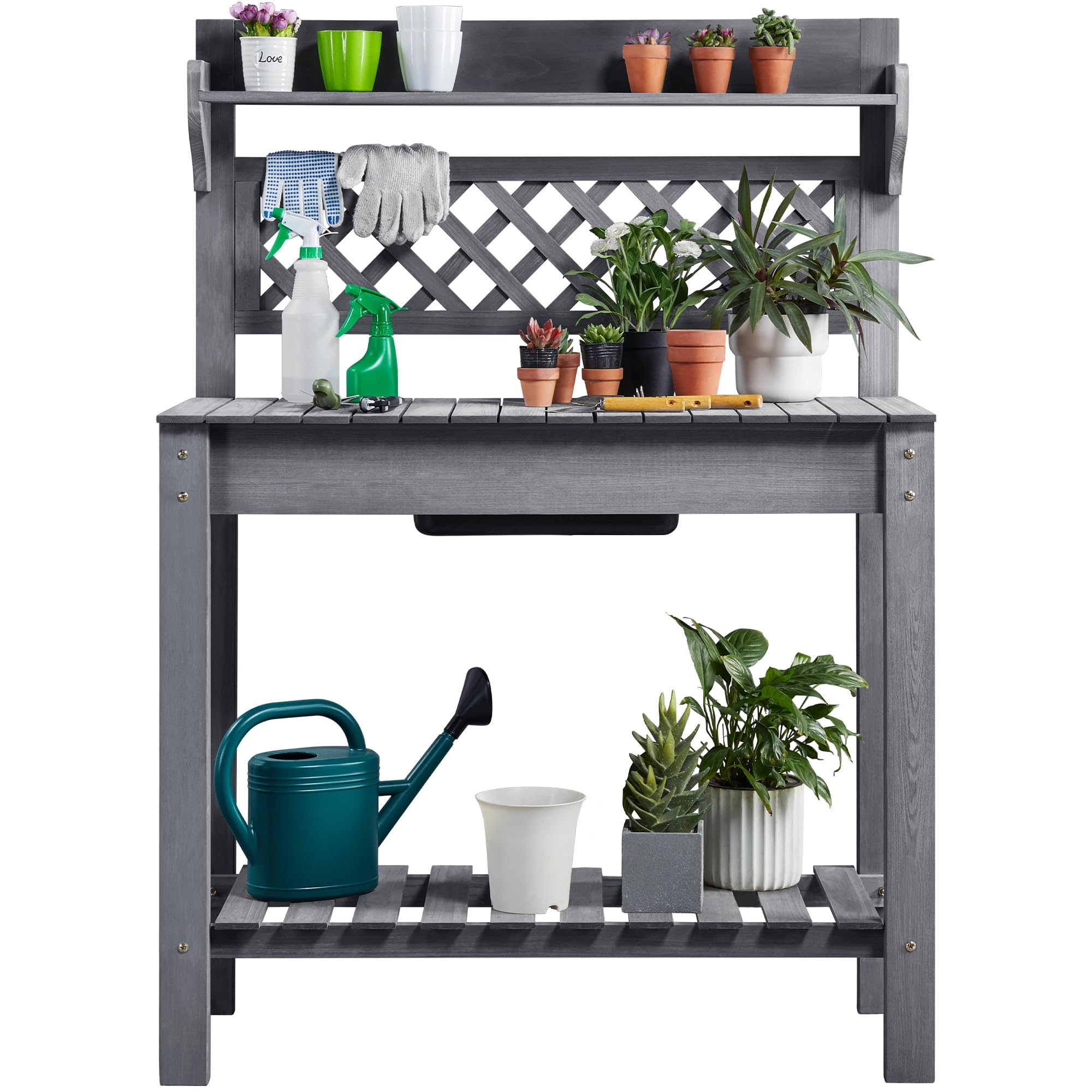 Topeakmart Wooden Potting Table with Sliding Tabletop & Removable Dry Sink - Outdoor Garden Workbench with Storage Shelves for Planting, Gardening - Perfect for Backyard, Patio, Greenhouse (Gray)