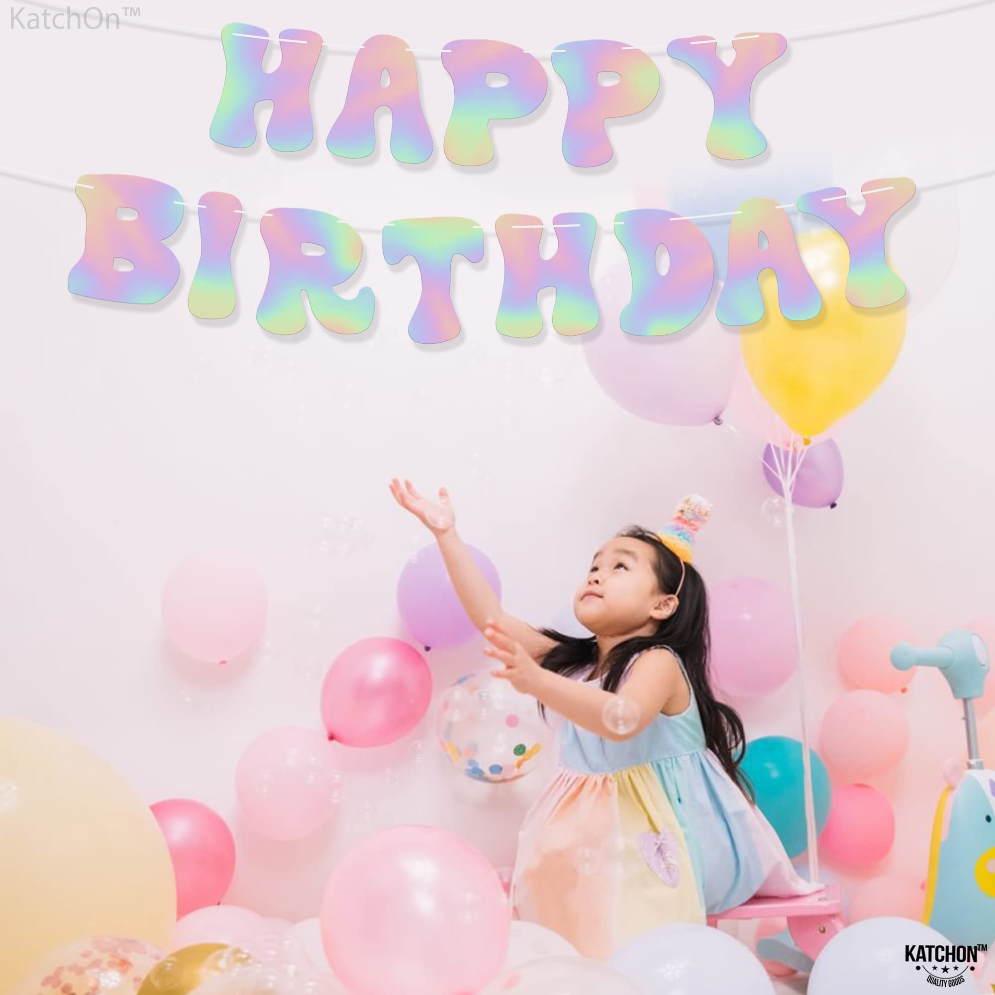 KatchOn 10ft Iridescent Happy Birthday Banner - Prestrung Disco Party Sign, Holographic Birthday Decor for Women | Perfect for Disco Themed Parties, Birthday Celebrations & Home Decorations