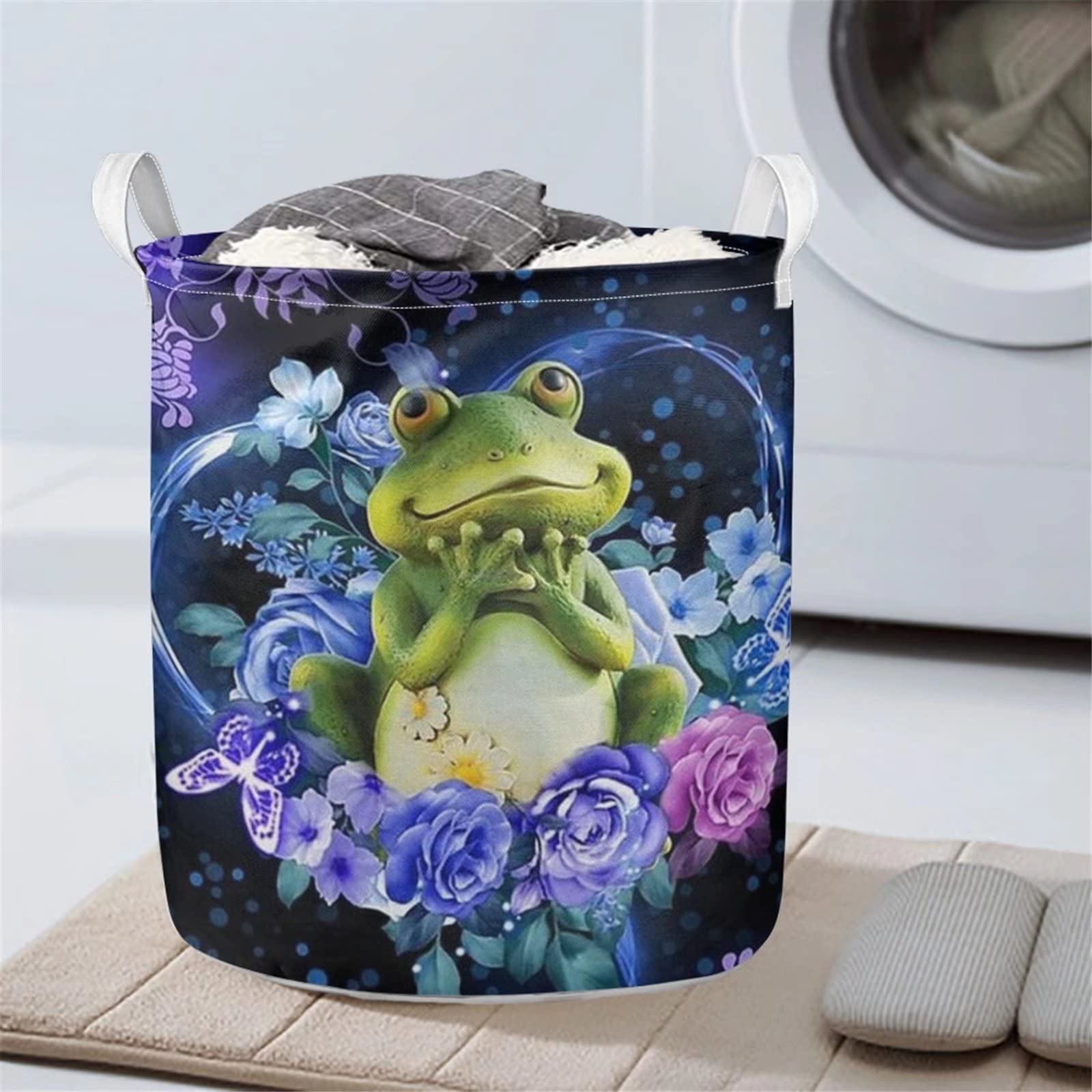WELLFLYHOM Rose Frog Laundry Basket - Cute Canvas Storage Hamper with Handles for Kids & Women | Hippie Flower Design for Bedroom, Nursery & Laundry Room | Organize Dirty Clothes & Home Decor