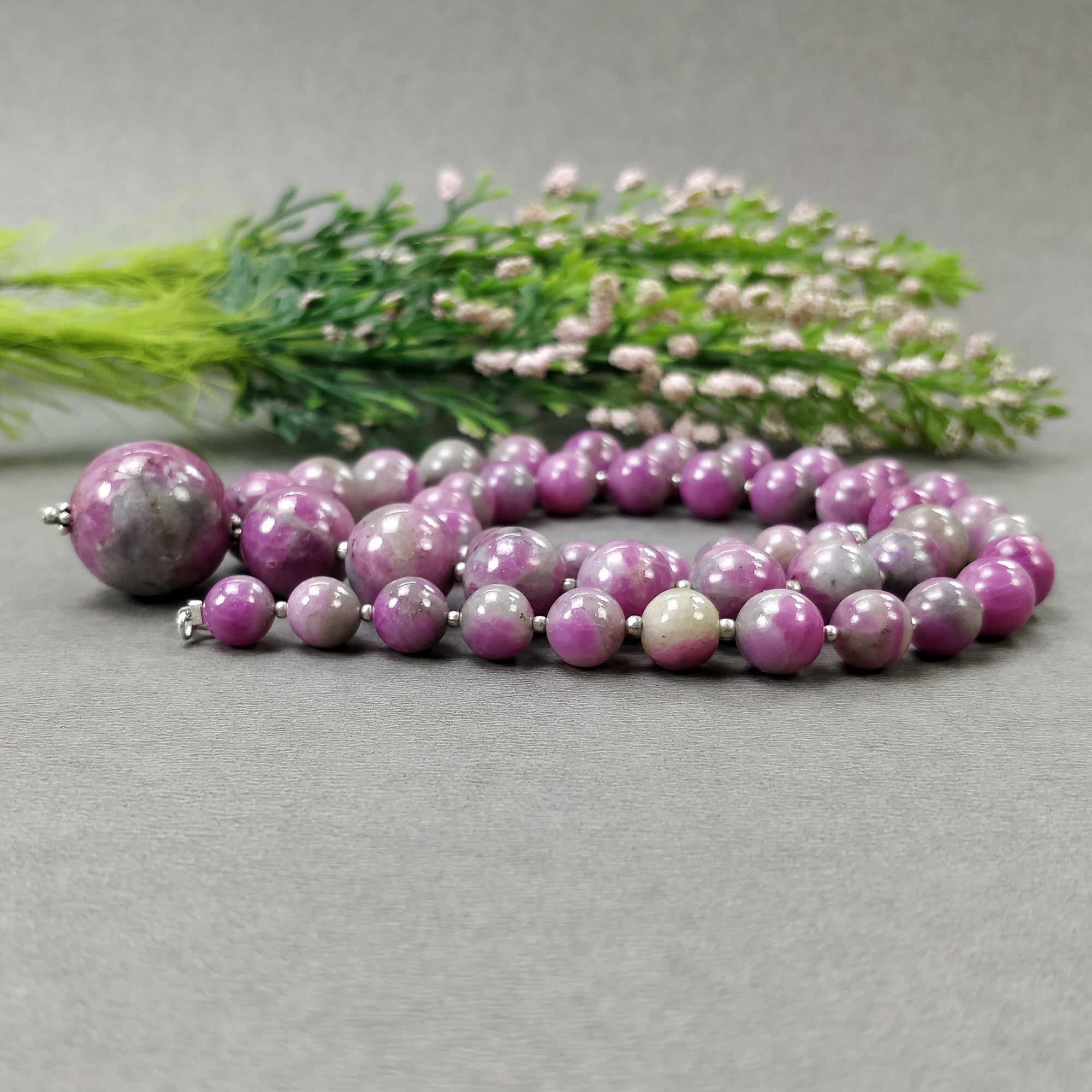 Natural Untreated Bi-Color Zoisite Ruby Gemstone Necklace - 437.35cts Genuine Ruby Balls with 925 Sterling Silver (7.5mm-21mm) | Elegant Jewelry for Women, Perfect for Weddings, Parties & Special Occasions