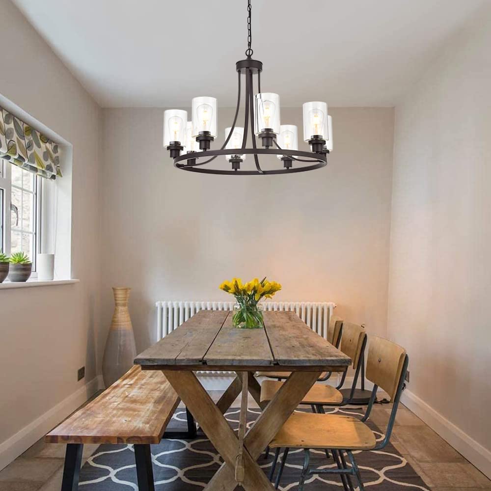 8-Light Farmhouse Chandelier Wagon Wheel - Industrial Kitchen Island Lighting in Oil Rubbed Bronze Finish - Rustic Dining Room Hanging Fixture for Farmhouse, Loft & Industrial Decor
