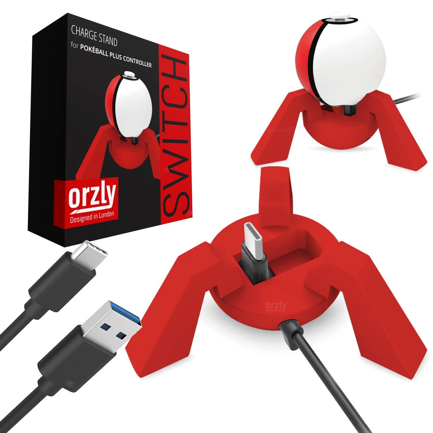 Orzly Pokeball Switch Dock - Red Charging Stand for Nintendo Switch & Poke Ball Plus | USB Charging Station for Pokeball Controller with Built-in Cable | Perfect for Gaming Setups & Nintendo Switch Accessories Collection