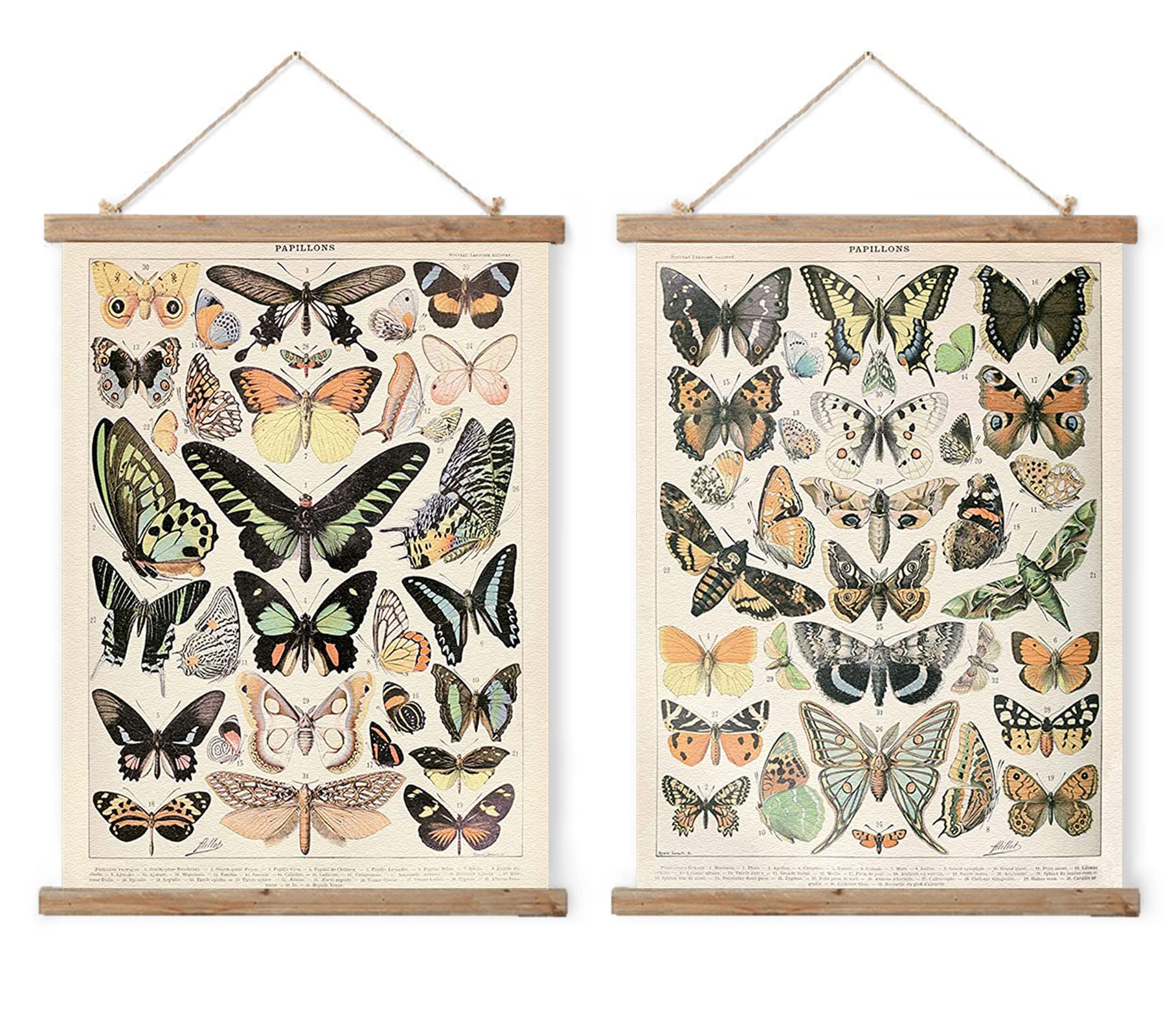 2 Pack Vintage Butterfly Wall Art Prints - Retro Style Linen Posters with Wood Frames, Ready to Hang - Perfect for Living Room, Bedroom & Office Decor
