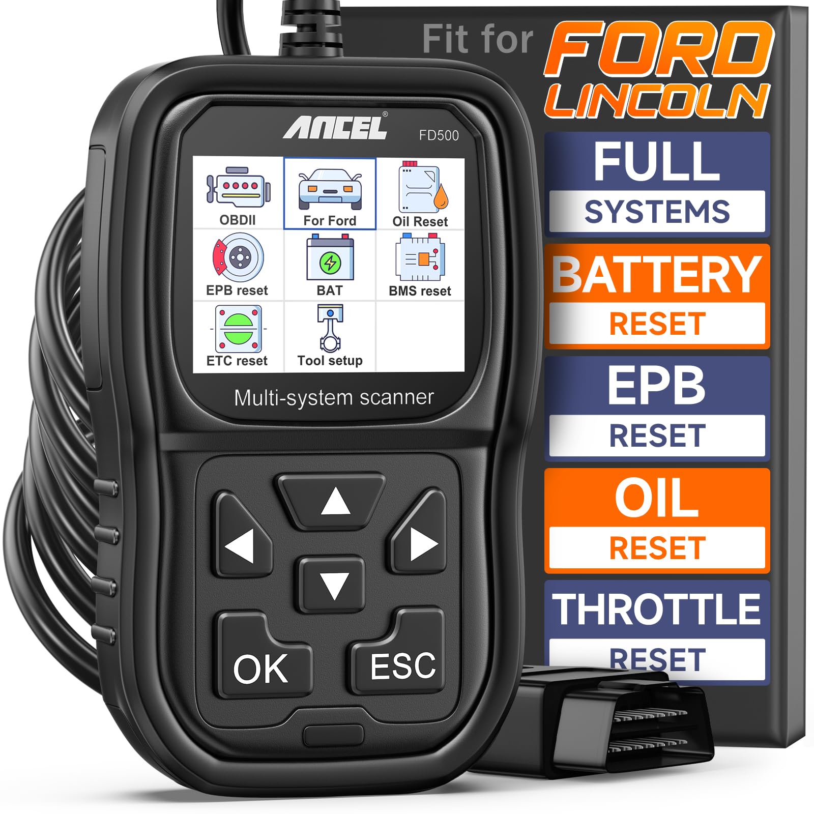 ANCEL FD500 OBD2 Scanner for Ford Lincoln Mercury - Full System Diagnostic Tool with Engine, ABS, SRS, Transmission & 4WD Scan - EPB Reset, Throttle Calibration, Oil Service & Battery Registration - Professional Car Code Reader for Mechanics & DIY Auto Repair