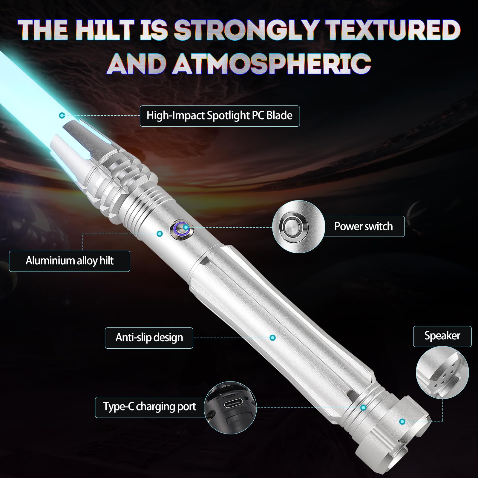 Premium Metal Aluminum Rechargeable Motion Control Lightsaber - Heavy Dueling FX Light Saber with 10 Sound Fonts & 12 RGB Colors for Adults & Kids | Perfect for Cosplay, Star Wars Enthusiasts, Christmas Gifts & Collectors (Silver E15 Model)