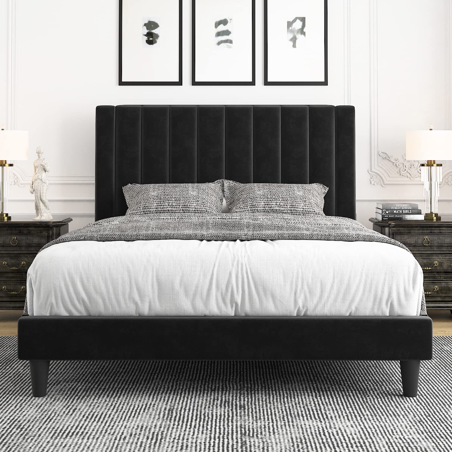 **Allewie Full Size Platform Bed Frame - Velvet Upholstered with Vertical Channel Tufted Headboard, Sturdy Wooden Slats & Mattress Foundation | Box Spring Optional | Easy Assembly | Black | Perfect for Modern Bedrooms & Guest Rooms**