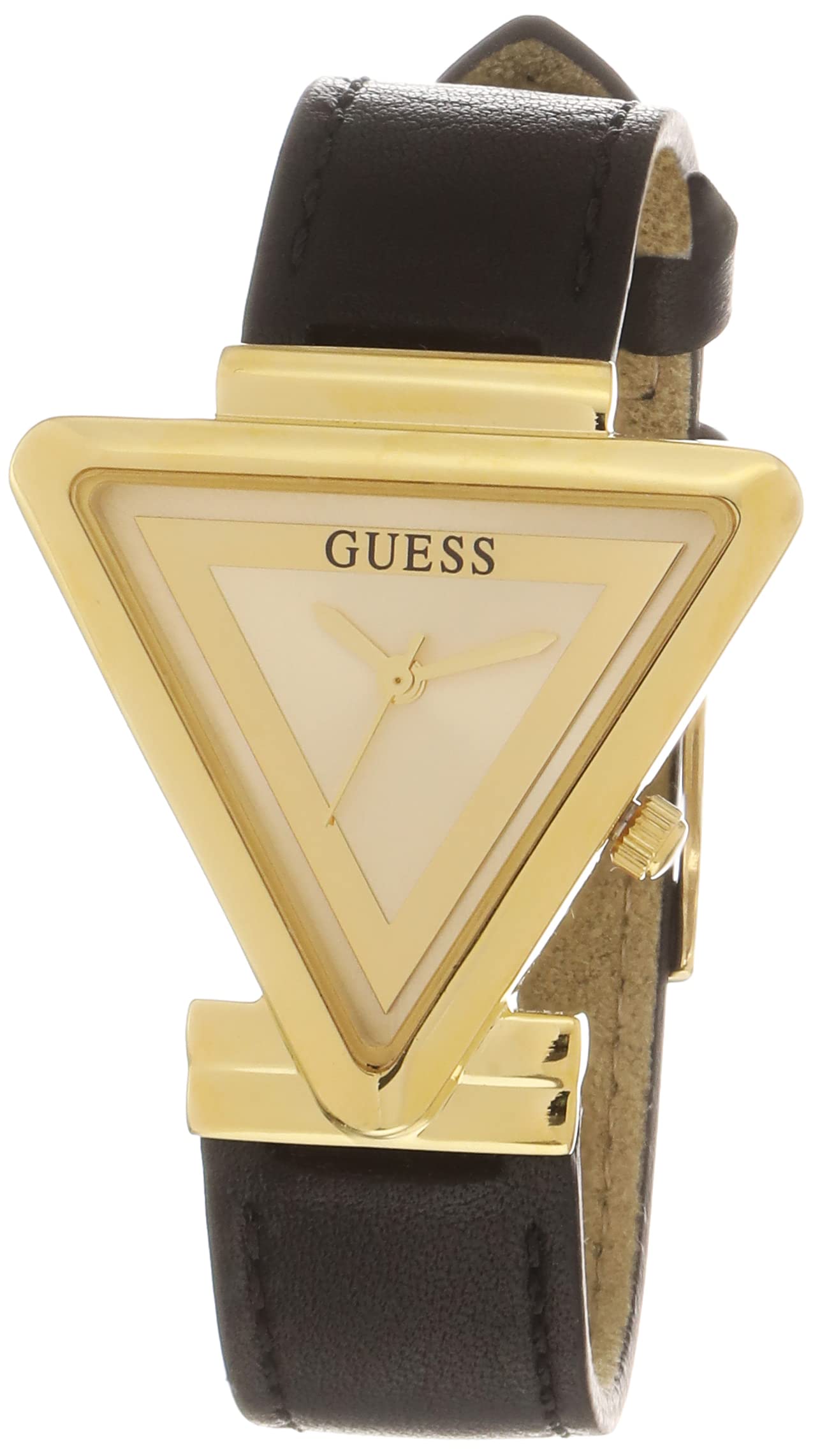 GUESS Ladies 34mm Gold-Tone Watch with Black Leather Strap & Champagne Dial - Perfect for Office, Date Night & Everyday Wear